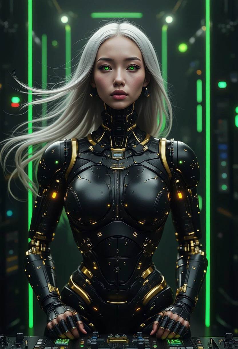 A futuristic female robot with flowing, waist-length silver hair that shimmers with a metallic sheen, her face a perfect blend of human and machine features. She emits radiant energy light, standing confidently at a DJ console in a high-tech sci-fi room. Her glowing eyes and intricate robotic design complement the dynamic, futuristic setting. The environment features holographic displays and vibrant neon lights. Highly detailed, photorealistic, front-facing pose.
FuturEvoLab_Green