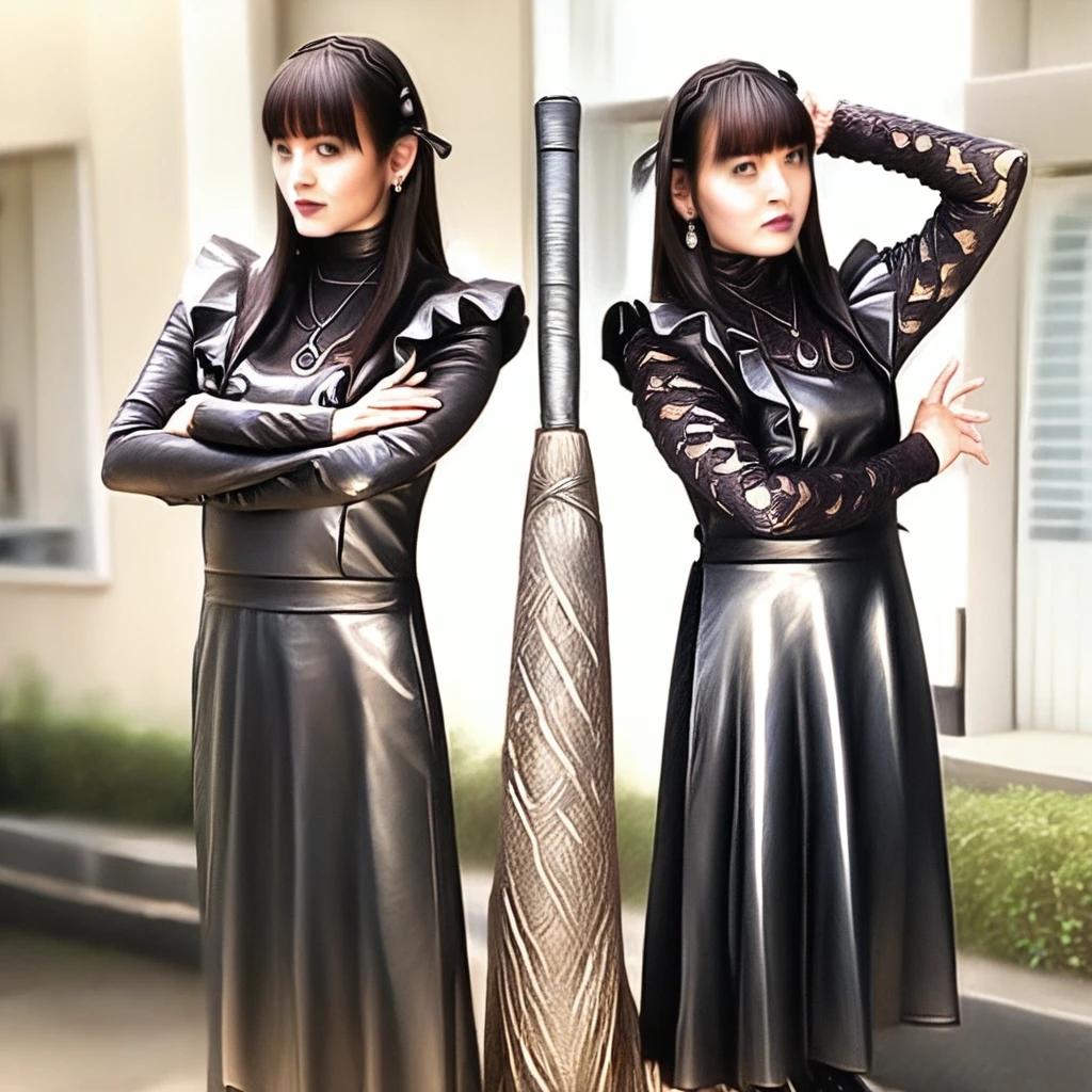 dress, lips, solo, 2girls, necklace, broom, multiple girls, hand on hip, earrings, tokusatsu, realistic, black jacket, black hair band, arms up, dual persona, leather jacket, apron, sitting, blurry, full body, crossed arms