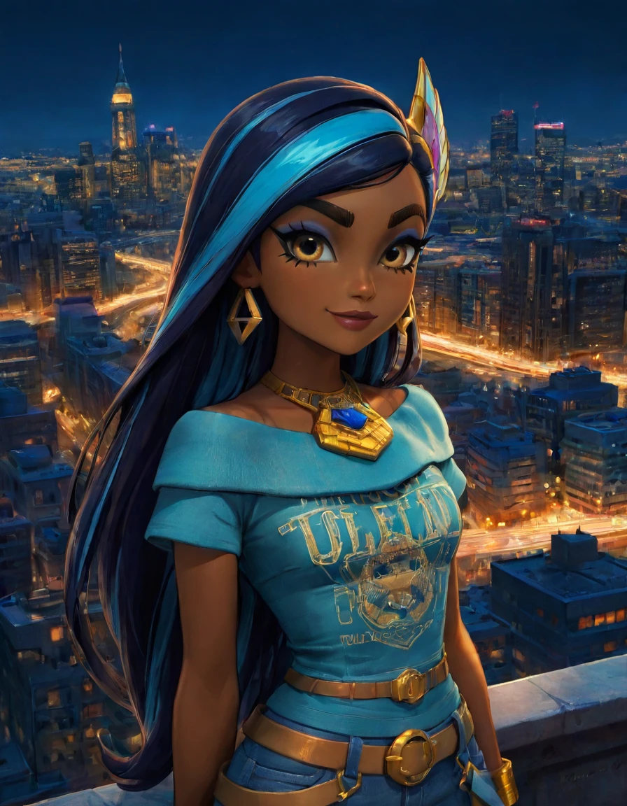 score_8_up, solo, 1girl, Cleo_DeNile_G3, slightly dark skin, faded teal and blue hair, black hair, three-tone hair, long hair,unique eyebrows, dark blue eyeshadow, maroon lips, dark, night, nighttime, city in background, Downtown City, metropolitan Freeway, looking at viewer, light smile