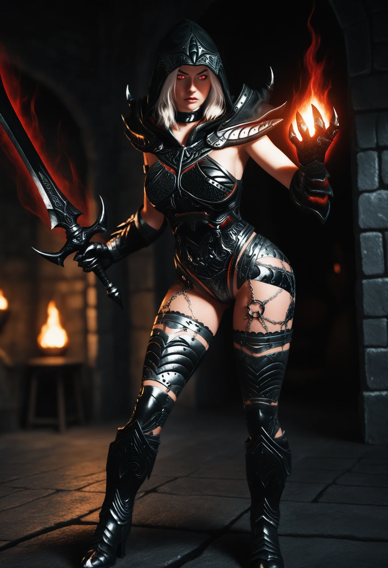 ((masterpiece, best quality, absurdres)),
1girl, solo, white hair:medium hair, red eyes,
indoors, dungeon, medieval, dark,
simple background, depth of field,
concentrating, looking at viewer,
aura:magic:fire, dynamic pose, holding sword,
full body,
<lora:Dark_DaedricReaper_Illust_v1:0.9> d4rkr34p3r, armor:pauldrons, hood, choker, gauntlets, chain:thighhighs, high heel boots,