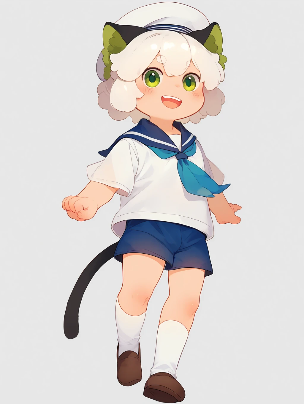 score_9, score_8_up, score_7_up, source_furry, luoxiaohei,
cat boy, white hair, cat ears, sailor hat, cat tail, blue shorts, solo, male focus, sailor collar, blue sailor collar, hat, green eyes, short sleeves, open mouth, smile, short hair, white socks, full body, white headwear, brown footwear, shoes, blue neckerchief, white shirt, looking at viewer, blush, white background,
<lora:reg_luo_xiaohei_(human)-000021:1>