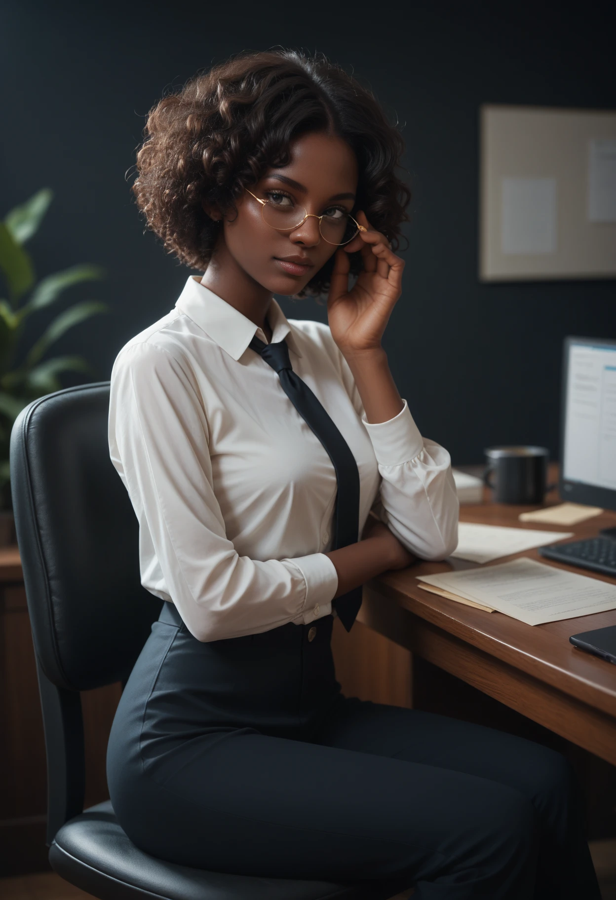 score_9, score_8_up, score_7_up, score_6_up.
woman, sitting, adjusting glasses, colored black skin,african, white shirt, tie, pants, short hair, curly hair, jewelry, light and shadow, office, dark background, aesthetic, shallow depth of field.
Detailed realistic photo, fine texture, incredibly lifelike