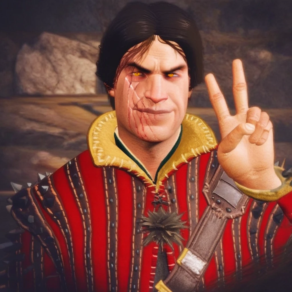 1boy, male focus, solo, dark hair, middle part hair, light skin, scar, blood, yellow eyes, vertical slit pupils, brown and red striped spiked gambeson, yellow collar,, smirking, hand raised, peace sign