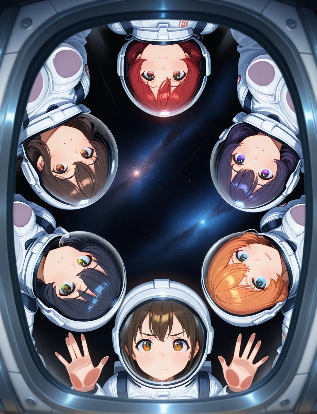 masterpiece,best quality,higres illustration,detailed face,upper body,<lora:multiglass_IL:1.2>,against glass,4girls,5girls,looking at viewer,outer space,stars,upside-down,astronaut,space helmet,glove,