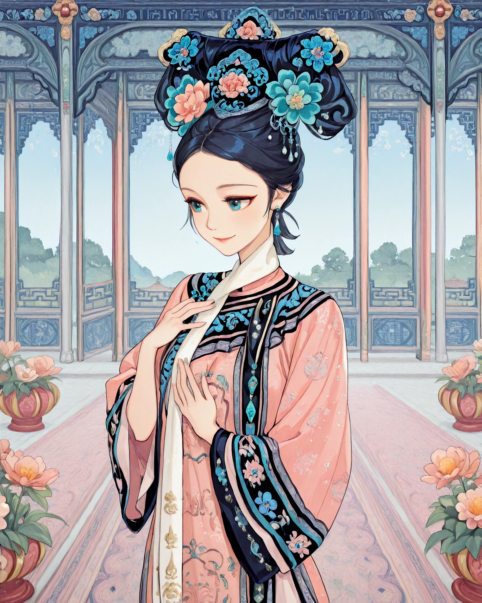 1girl, qingfa, (qingfa scarf:1,1), pink clothing, blue accents, touching own chest, large garden, chinese palace exterior, flowers, outdoors, light_smile, intricate patterned fabric, brocade, jacquard fabric, masterpiece, highest quality, absurdres, digital art, very detailed, <lora:QingFashion_Illustrious-000011:1.1>, <lora:DisneyLike:1>
