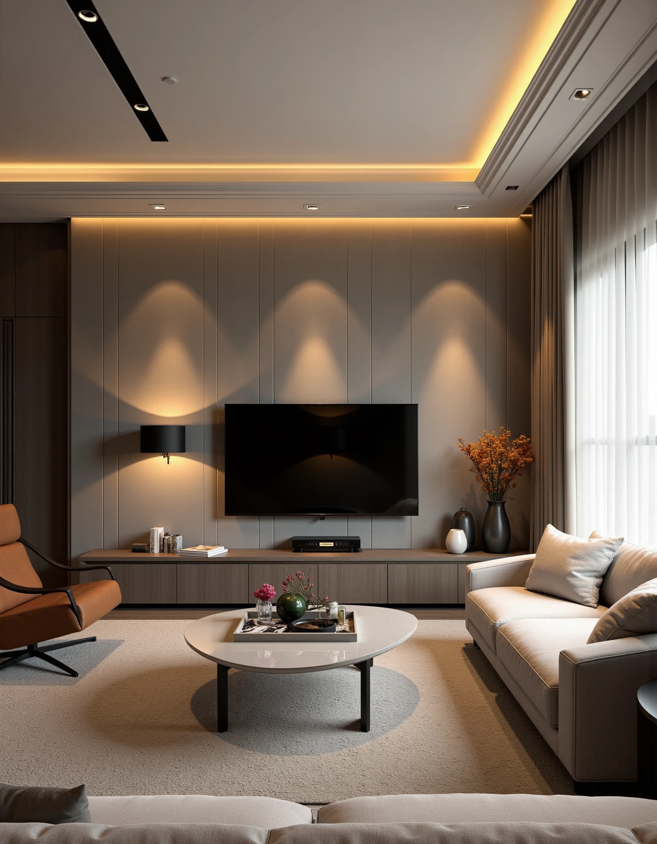 <lora:JJsLivingRoom_Flux:1> , ((living room)) ,((best quality)),((masterpiece)),((realistic)), photorealistic, chair , authentic, soft lighting,indoor scenery, tv ,wall ,rug , lamp, flower, vase , table ,ceiling light , plant, window ,curtain ,couch, dramatic lighting,, architecture photography, striking structures, clean lines, geometric shapes, dramatic angles, play of light and shadow, capturing architectural details, showcasing design elements, evoking mood, professional lighting, precise compositions, emphasizing scale and proportion, creating depth, architectural storytelling, capturing iconic landmarks, immersive experience