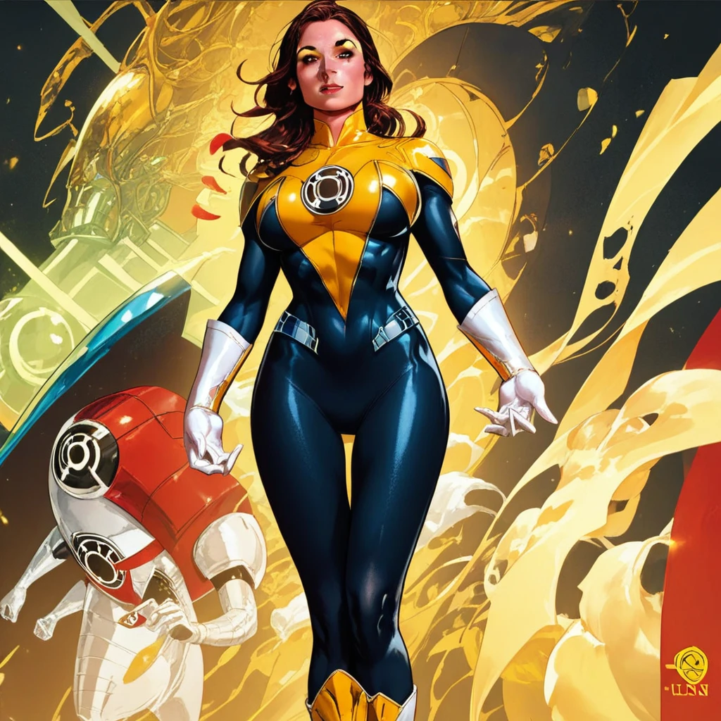 score_9, score_8_up, score_7_up , masterpiece, beautiful,1 girl, big breast, wide hips, SinestronCOS,thighhighs,white gloves,skin tight,bodysuit,superhero,black bodysuit,yellow bodysuit,sinestrocorps symbol on chest, , knee boots, white boots,sinestrocorps symbols on chest, anime art style,