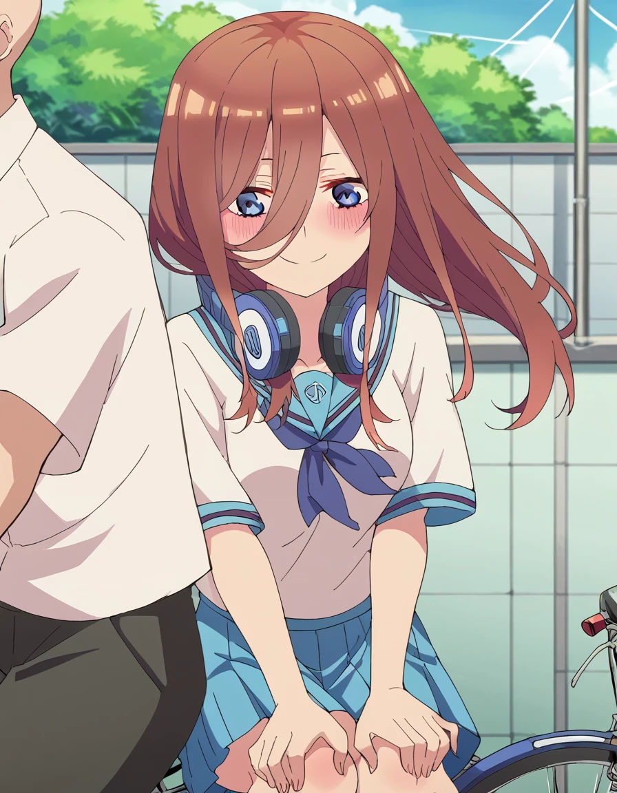 score_9, score_8_up, score_7_up, source_anime, <lora:miku-nakano-s2-ponyxl-lora-nochekaiser:1>, miku nakano, long hair, bangs, blue eyes, brown hair, hair between eyes, headphones, headphones around neck, large breasts, anime screencap, <lora:pillion-ponyxl-lora-nochekaiser:1>, pillion, brown eyes, hetero, couple, ground vehicle, riding, bicycle, multiple riders, outdoors, motion, floating hair, motion lines, hands on thighs,, school uniform, serafuku, gakuran, faceless, faceless male, bald, collarbone, blush, looking at another, smile, cowboy shot, knees,,
