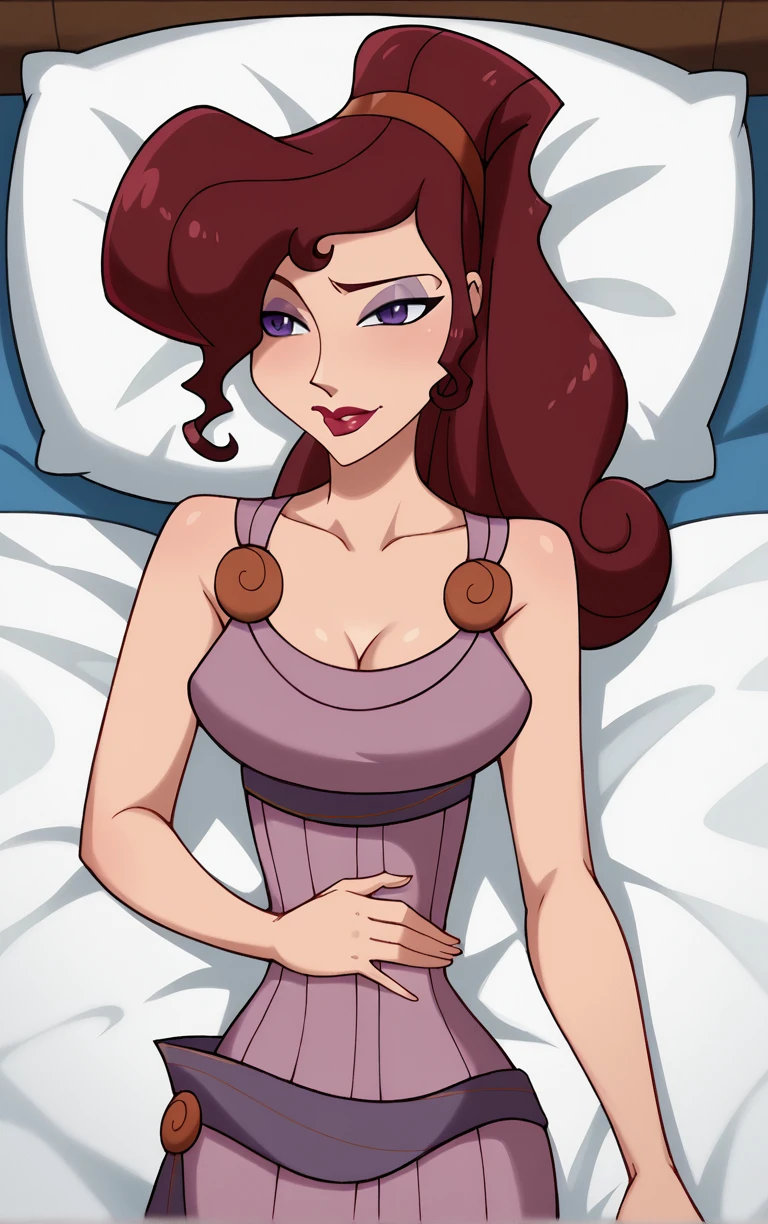 score_9, score_8_up, score_7_up, BREAK
MainOutfit_Megara_ownwaifu, 
1girl, big hair, breasts, curly hair, eyelashes, hair bun, high ponytail, long hair, makeup, narrow waist, purple eyes, purple eyeshadow, red hair, red hairband, red lips, lipstick, medium breasts, dark skin, dark-skinned female, hair over one eye, collarbone, 
purple dress, sleeveless dress, cleavage, clothes around waist, sleeveless, bare shoulders, long dress,
(lying,  on bed, on back), pillow, from above, indoors, <lora:PONYXL_Hercules_Megara_ownwaifu:1> , depth of field, solo,