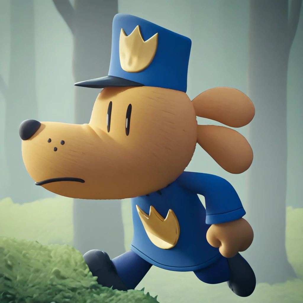 <lora:dogman_Illustrious_Mlaofmd-10:1.0>, masterpiece, high quality, absurdres, BREAK,  no humans, dogman, solo, black eyes, beige fur, dog ears, hat, police hat, blue shirt, blue pants, black shoes, police uniform, forest