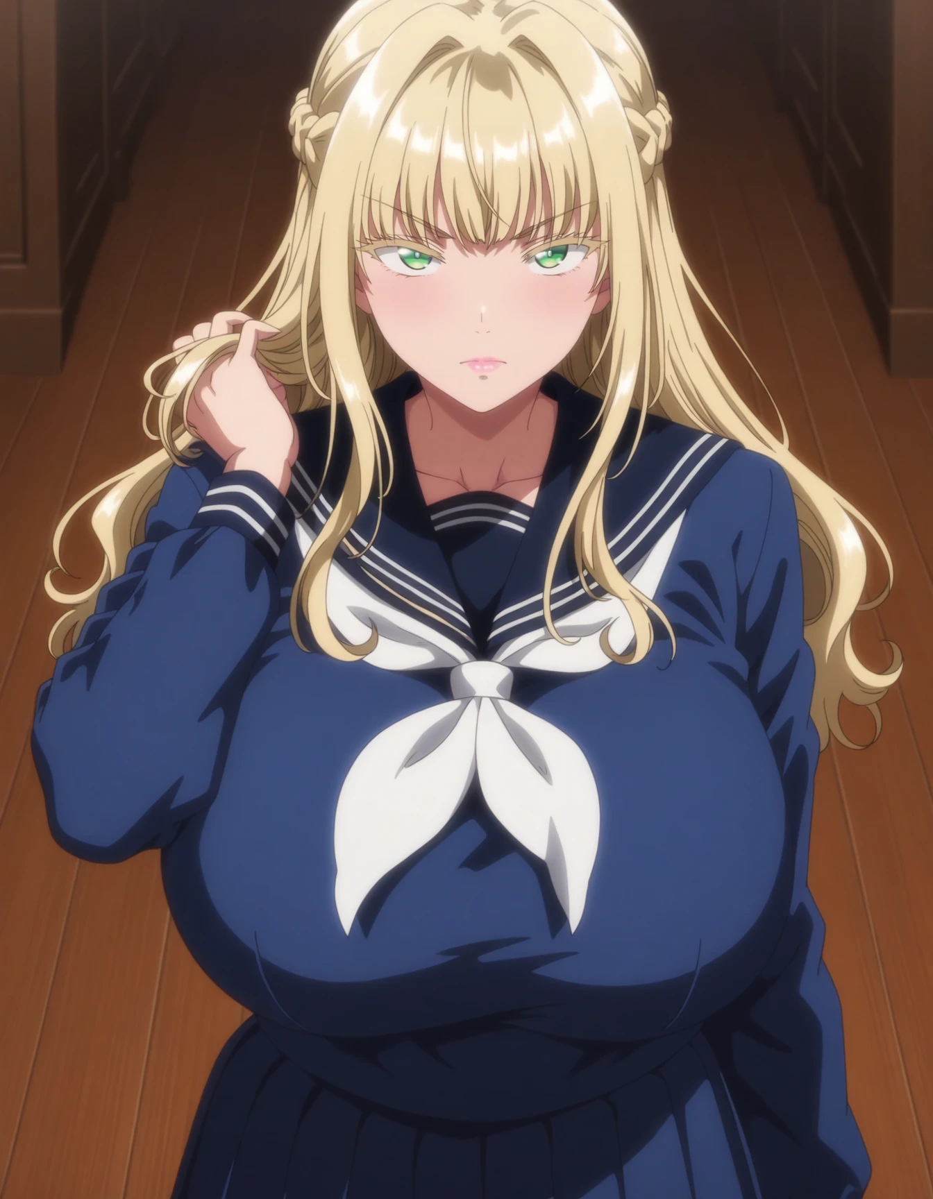 amazing quality,very aesthetic,absurdres,best quality,newest,masterpiece,4k resolution,1girl,solo,<lora:anime_screencap-Illustrious:1>,anime screencap,<lora:Louisa_Richter_Noob_Lora:1>,Louisa Richter,Blonde Hair,Green Eyes,Braids,Huge Breasts,french braid,colored eyelashes,blue serafuku,white neckkka chief,long sleeves,pleated_skirt,blue skirt,pink lips,upper body,portrait, serious look, looking at viewer, flicking hair