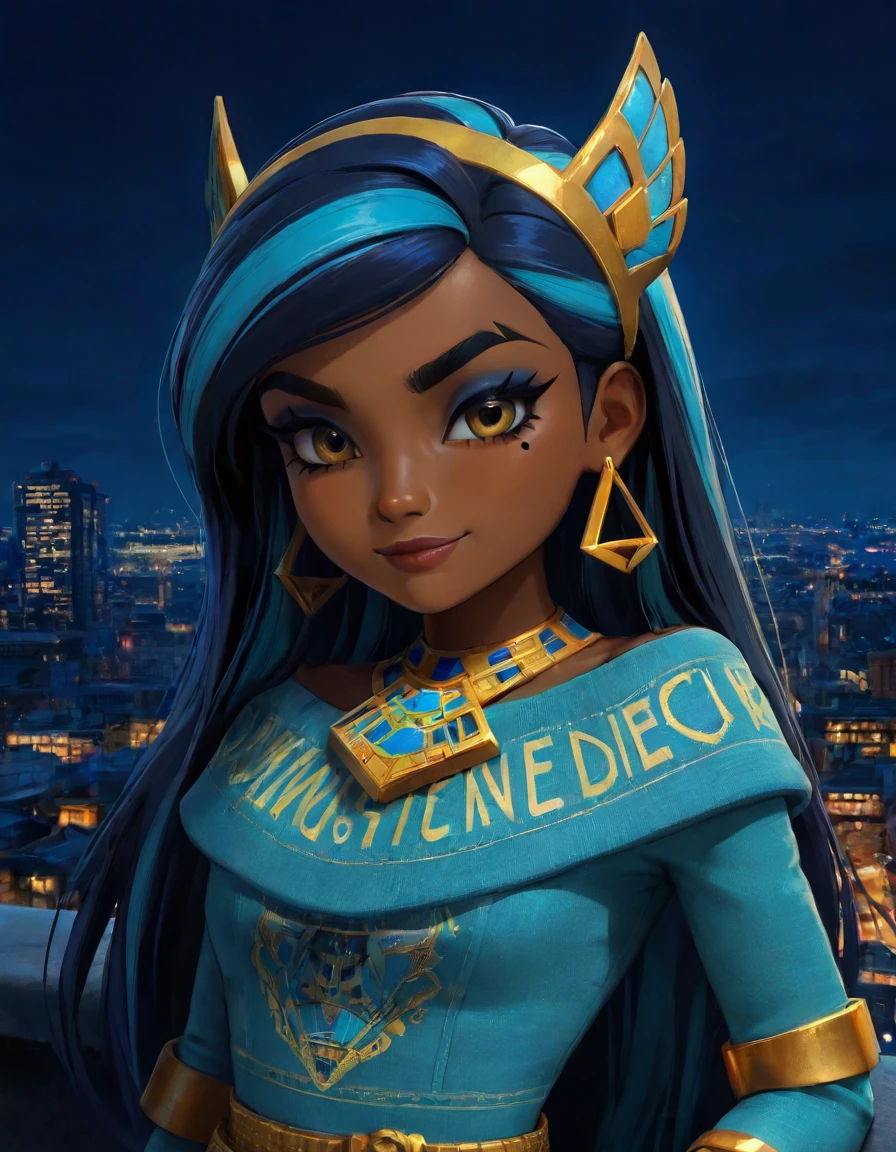 score_8_up, solo, 1girl, Cleo_DeNile_G3, slightly dark skin, faded teal and blue hair, black hair, three-tone hair, long hair,unique eyebrows, dark blue eyeshadow, maroon lips, dark, night, nighttime, city in background, Downtown City, metropolitan Freeway, looking at viewer, light smile