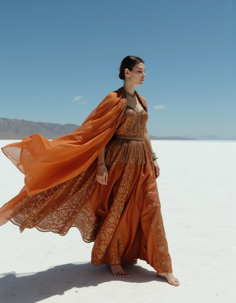 in the style of cksc,
dark fantasy aesthetic. , natural colors, , epic. luminescence, ultra realistic, hyper detailed, soft lighting , epic scale.
(detailed digital painting, detailed oil painting).
White salt lake, blue sky. Woman. She is fully dressed in a form-fitting, long, traditional Byzantine tsarina dress, rich brocade fabric, and a thin silk terracotta cape fluttering in the wind. Fully dressed, the dress is under the neck. The royal dignity of the composition. Minimalism and aesthetics. In motion, Wide dynamic pose, aesthetic pose. The feeling of movement..
masterpiece, best quality, medium-format camera, high-contrast, dramatic lighting, striking composition,
The overall composition feels cinematic. mythp0rt,,
Anna