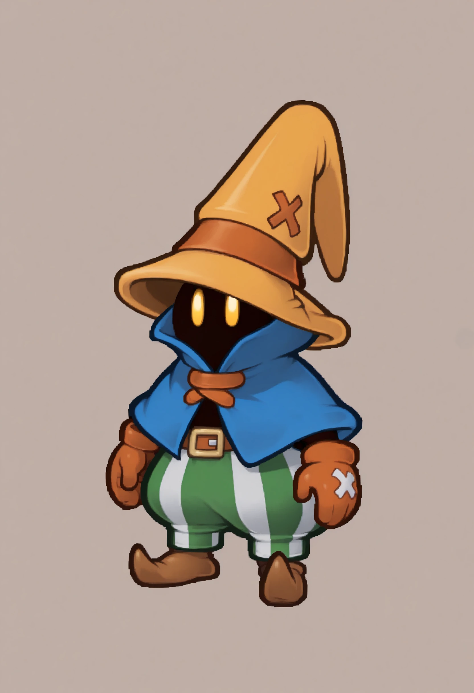 masterpiece, best quality, solo, 1boy, looking at viewer, <lora:PM-TTYD-Sprites-illus_Fp:1>, chibi, simple background, full body, solid oval eyes, <lora:Ziggy-illus_Fp:1>, ziggy, yellow eyes, shaded face, faceless, no mouth, wizard hat, striped pants, cloak, robe, gloves, puffy pants