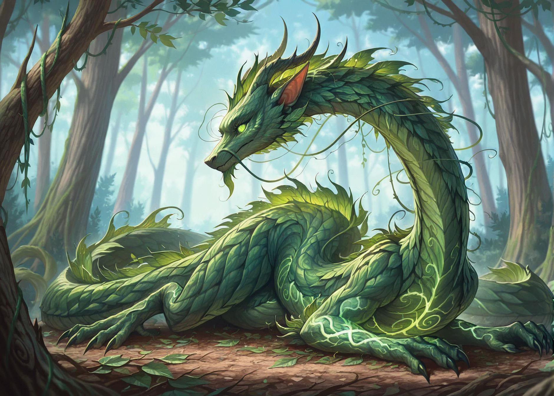 masterpiece, best quality, <lora:Elven_forest_world_illustrious:0.8> elvenforestworld, leaf, vines, branches, chinese dragon, serpentine body, long neck, claws, twisted horns, in forest, tail, full body, green glowing veins, feral, long green leaf beard, whiskers, lying down, head raised