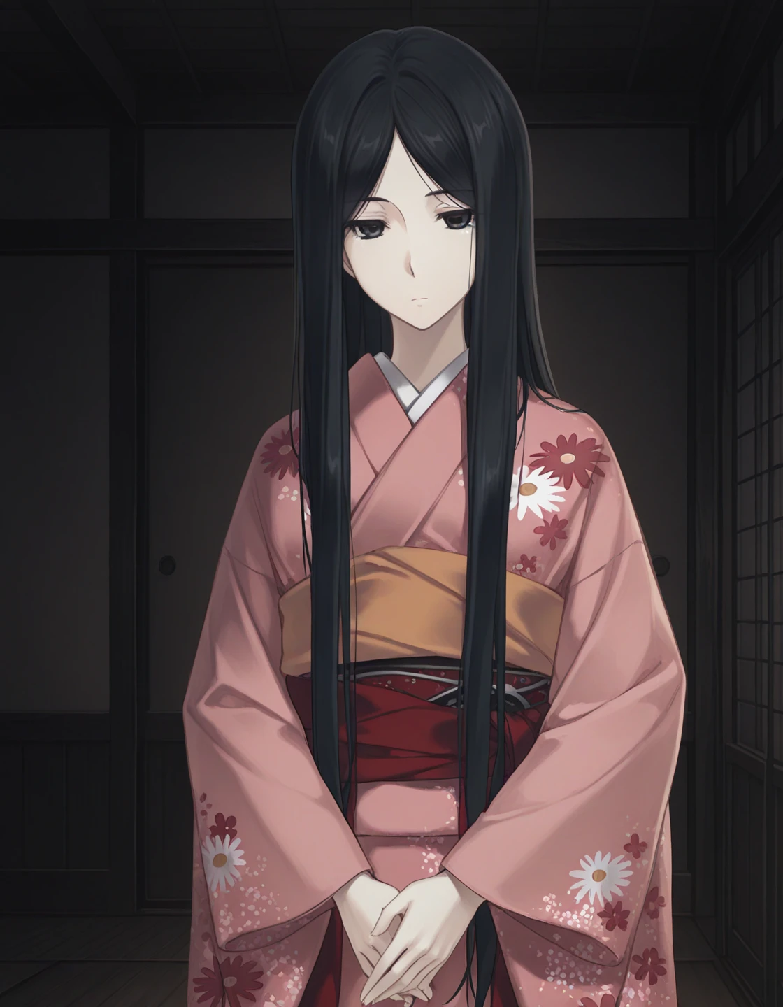 1girl, solo, satsuki_IG, black hair, very long hair, parted bangs, black eyes, expressionless, pink kimono, floral print, sash, v arms, hands together, indoors, japanese room, wooden interior, cowboy shot, (dark theme, low light:1.3) <lora:satsuki_ilxl_v1:0.7>