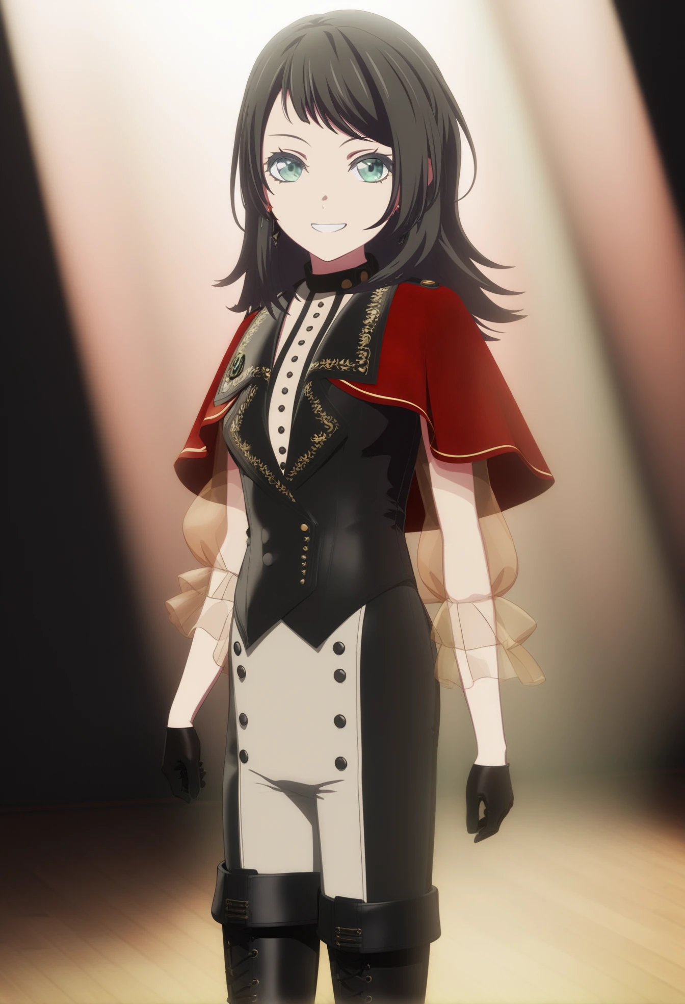 score_9,score_8_up,score_7_up,source_anime,(cowboy_shot:1.2),bust,
stage,
day,spotlight,sunlight,
maiden,a slim figure,small breasts,
1girl,solo,standing,
(looking at viewer:1.1),smile,kind_smile,
<lora:Yahata UmiriV3>,Yahata Umiri,perforrm,perforrm pants,green eyes,black hair,long hair,earrings,jewelry,capelet,gloves,black gloves,red capelet,pants,thigh boots,boots,high heels,black footwear,