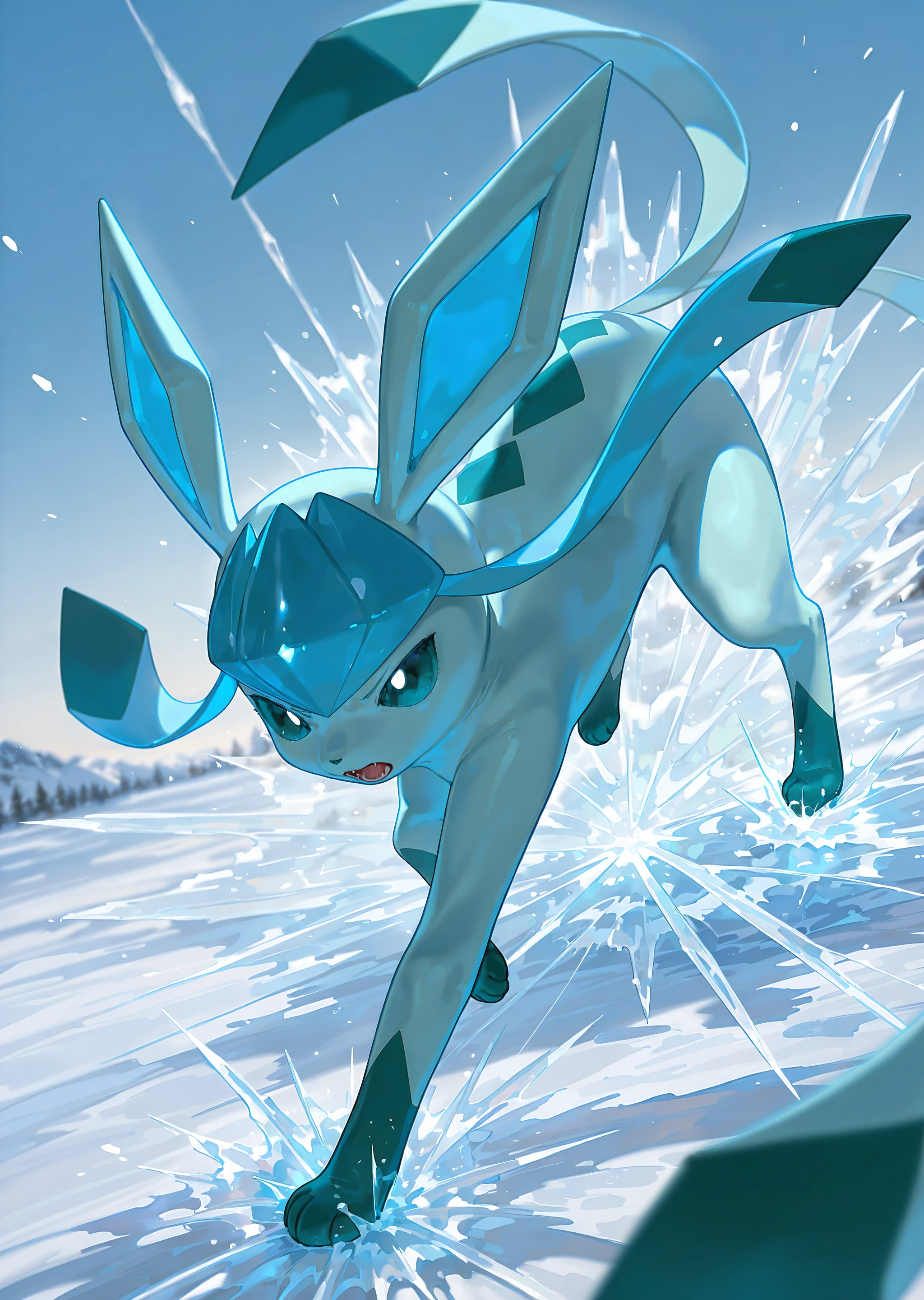 perfect quality, best quality, detailed, intricate, realistic, (cute furry feral glaceon, ice attack, dynamic pose, pokemon battle:1.5), abstract winter ice background <lora:Frost [Illustrious]_epoch_4:0.5> frost_glass, scenery, outdoors