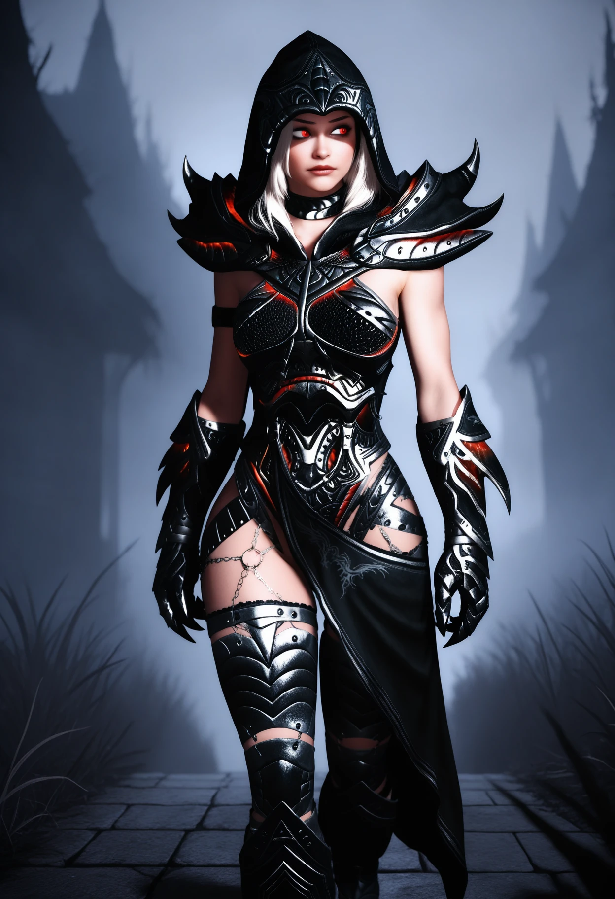 ((masterpiece, best quality, absurdres)),
1girl, solo, white hair, red eyes,
medieval, dark, fog,
simple background, depth of field,
smirk, looking to the side,
walking,
<lora:Dark_DaedricReaper_Illust_v1:0.9> d4rkr34p3r, armor:pauldrons, hood, choker, gauntlets, chain:thighhighs, half-skirt, high heel boots,