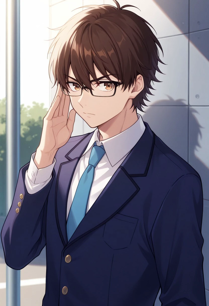 masterpiece, best quality,
miyukazu, 1boy, male focus, solo, brown eyes, glasses, brown hair, short hair, hair between eyes, school uniform, shirt, white shirt, collared shirt, necktie, blue necktie, jacket, blazer, blue jacket, long sleeves
outdoor