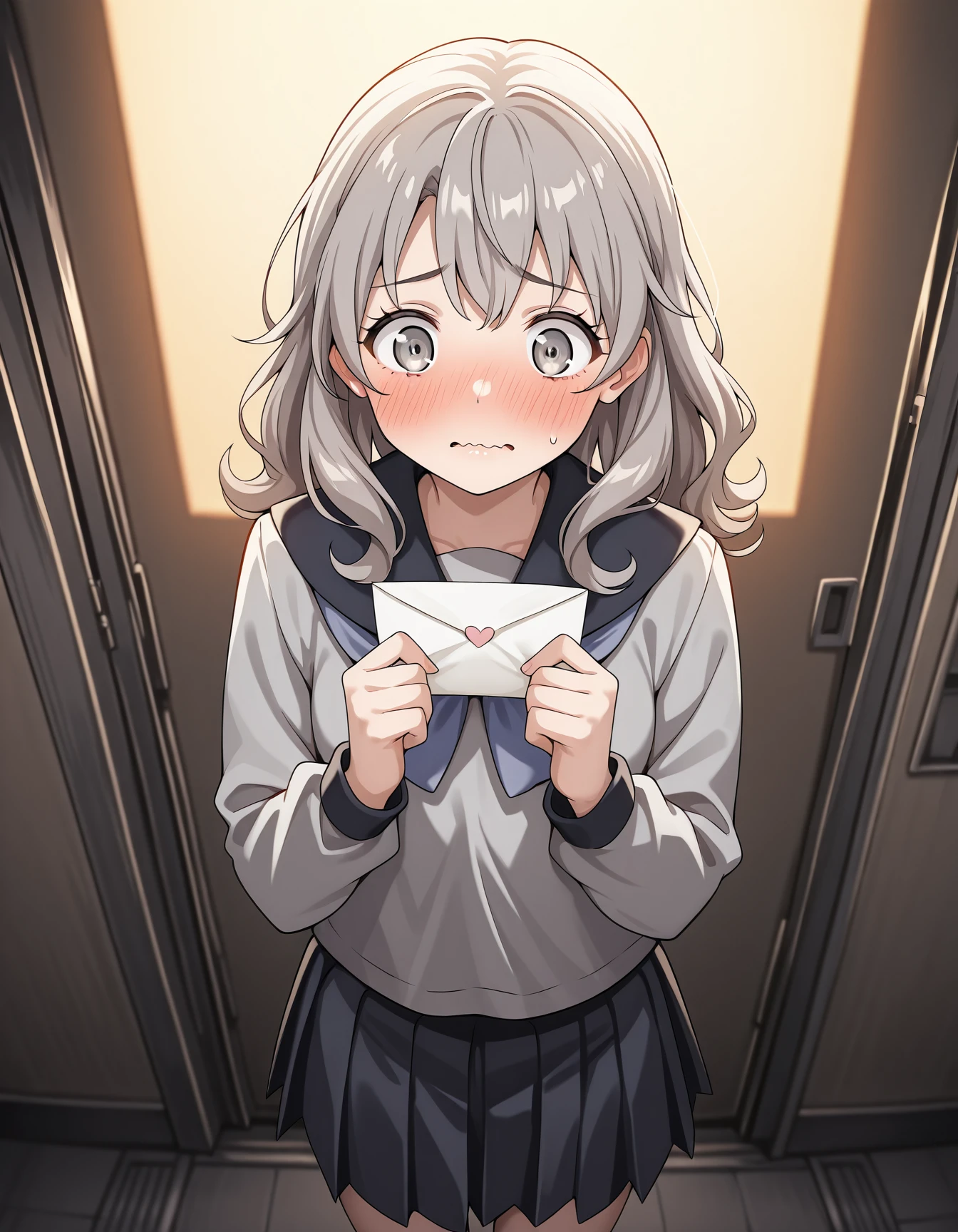 <lora:13sentinels-000020:1> 1girl, solo, shinonome, grey eyes, grey hair, serafuku, pleated skirt, holding letter, blush, getabako, nervous, wavy mouth
masterpiece, best quality, cinematic lighting