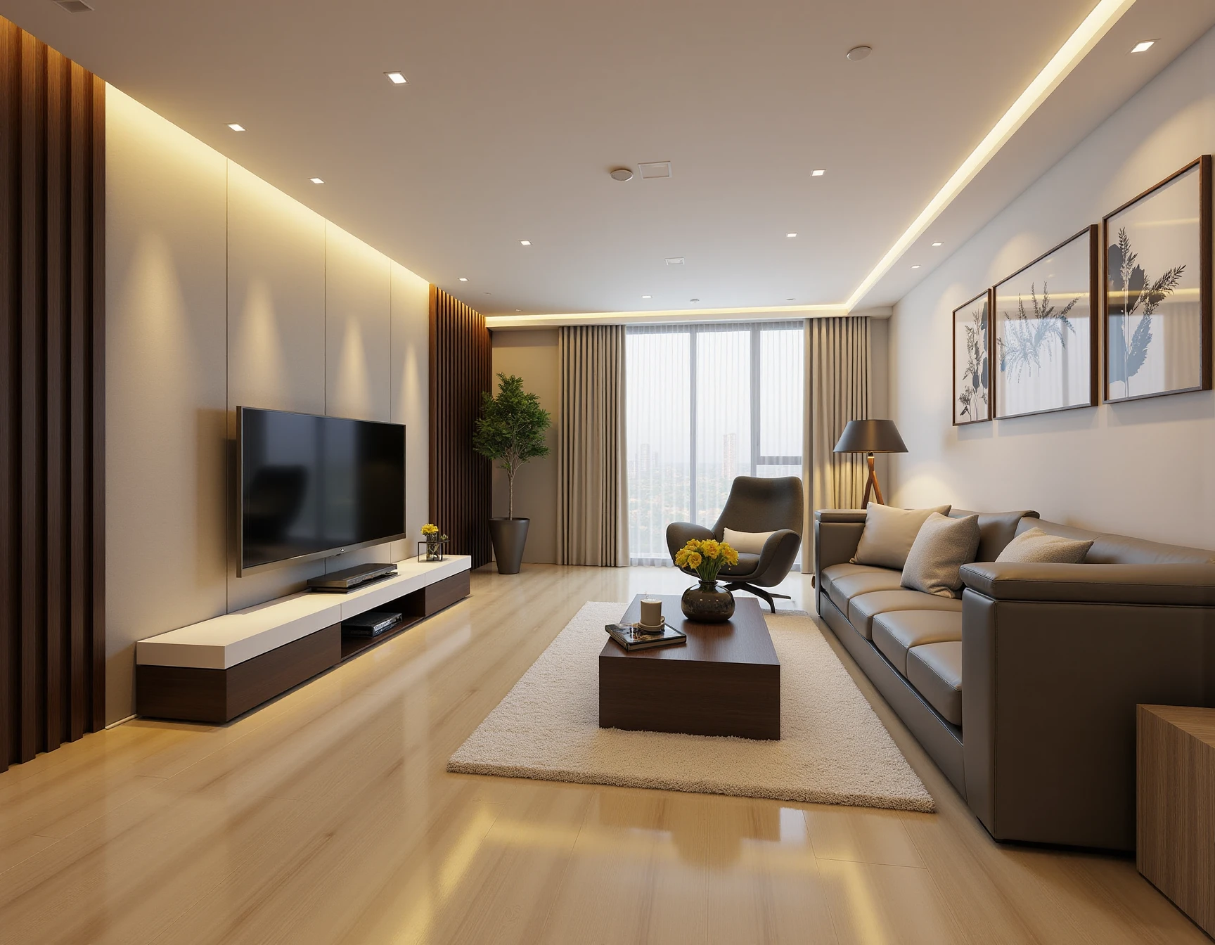 <lora:JJsLivingRoom_Flux:1> , ((living room)) ,((best quality)),((masterpiece)),((realistic)), photorealistic, chair , authentic, soft lighting,indoor scenery, tv ,wall ,rug , lamp, flower, vase , table ,ceiling light , plant, window ,curtain  ,couch,  dramatic lighting,