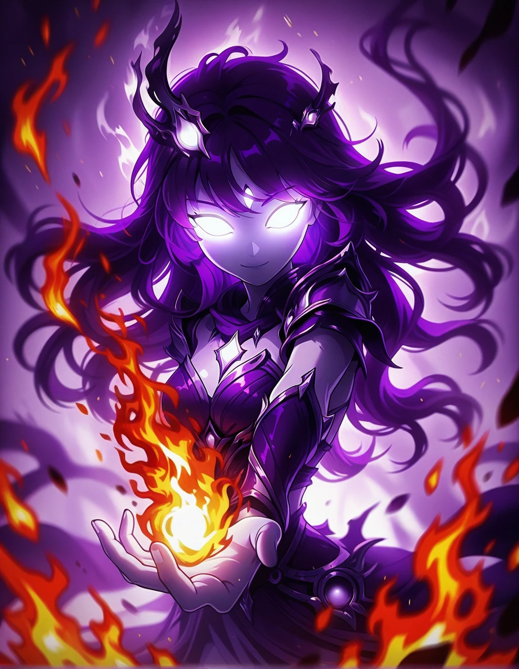 phnk, 1girl, solo, long hair, looking at viewer, smile, bangs, purple eyes, purple hair, glowing, fire, glowing eyes, white eyes, no pupils