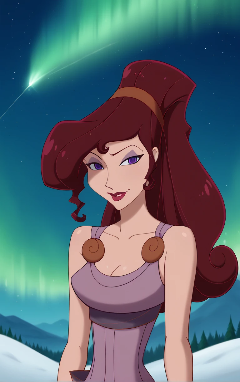 score_9, score_8_up, score_7_up, BREAK
MainOutfit_Megara_ownwaifu,
1girl, big hair, breasts, curly hair, eyelashes, hair bun, high ponytail, long hair, makeup, narrow waist, purple eyes, purple eyeshadow, red hair, red hairband, red lips, lipstick, medium breasts, dark skin, dark-skinned female, hair over one eye, collarbone,
purple dress, sleeveless dress, cleavage, clothes around waist, sleeveless, bare shoulders, long dress,
(wariza), (wide shot), aurora, shooting star, star \(sky\), winter, snow, night, scenery, outdoors, <lora:PONYXL_Hercules_Megara_ownwaifu:1> , depth of field, solo,