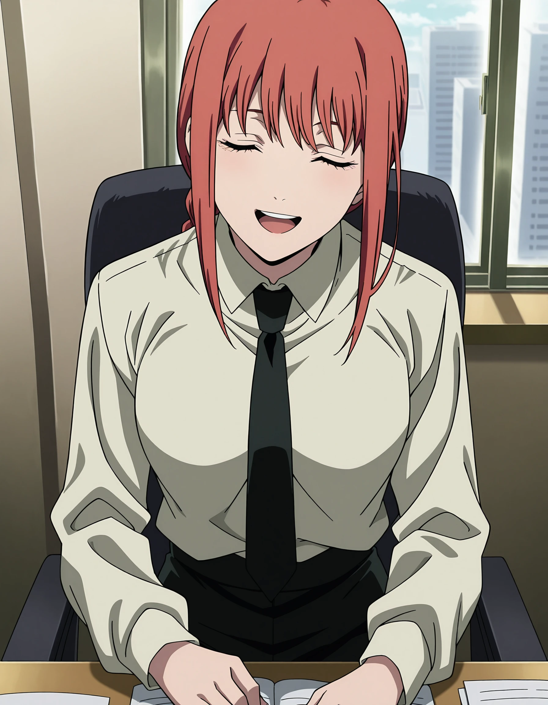 anime coloring, anime screencap, masterpiece, detailed face,
inside, in an office, sitting at an office desk,
<lora:Makima_Chainsaw_Man:.7>
1girl, makima (chainsaw man), solo, braided ponytail, red hair, sidelocks, white collared shirt, black necktie, eyes closed, black pants, shirt tucked in, looking at viewer, sitting, long hair, medium breasts, collared shirt, long sleeves, happy girl, laughing, :D, mouth open, smile, directly facing the viewer,