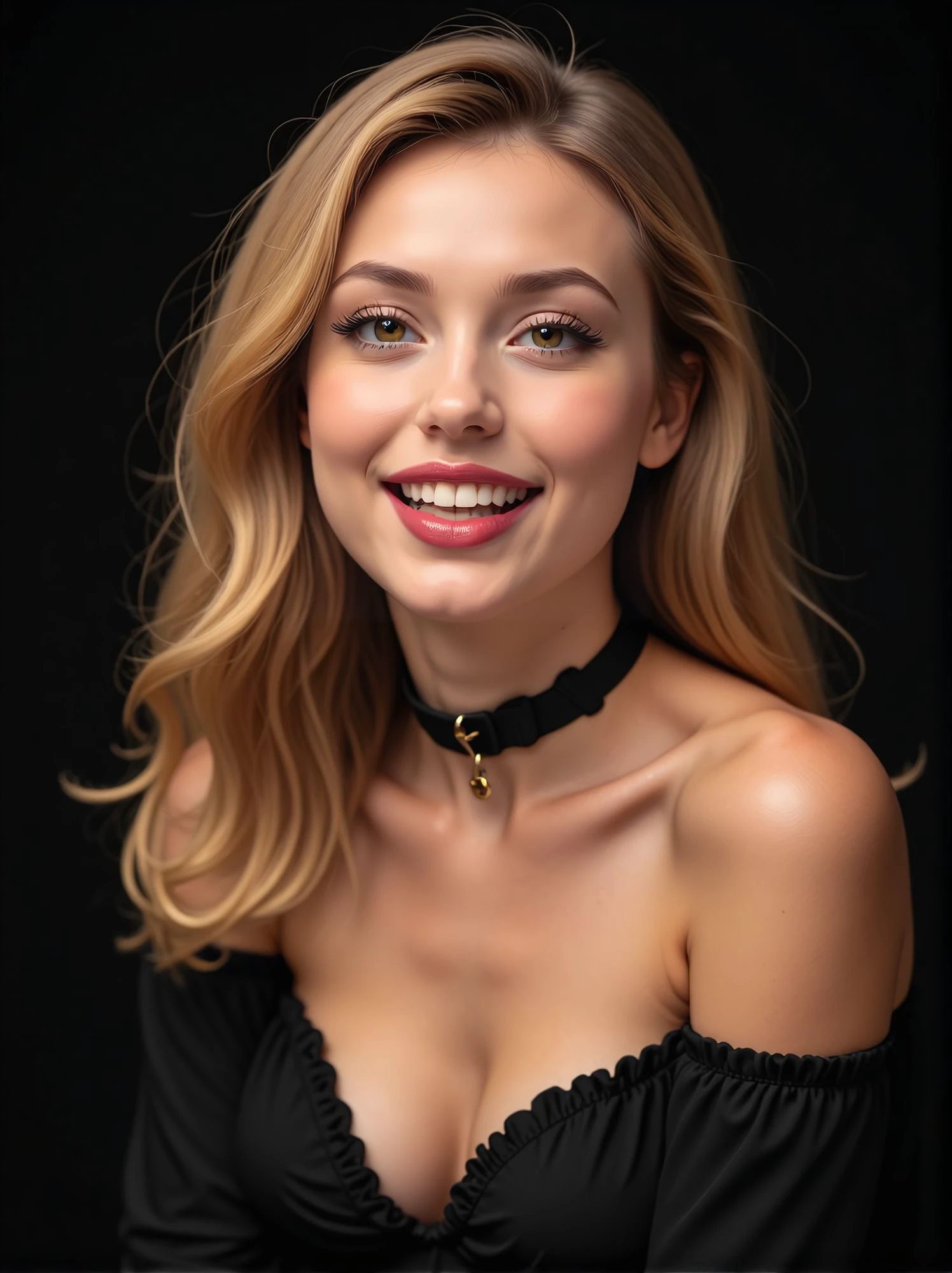 woman, looking at viewer, laughing, dark background, bare shoulders, choker, eyeliner, seductive, flirtatious, floating hair, floating particles, detached sleeves, elegant, close, <lora:Woomy_6_Flux-000005:1> lipstick, big eyes, brown eyes, full lips, long hair, blond,