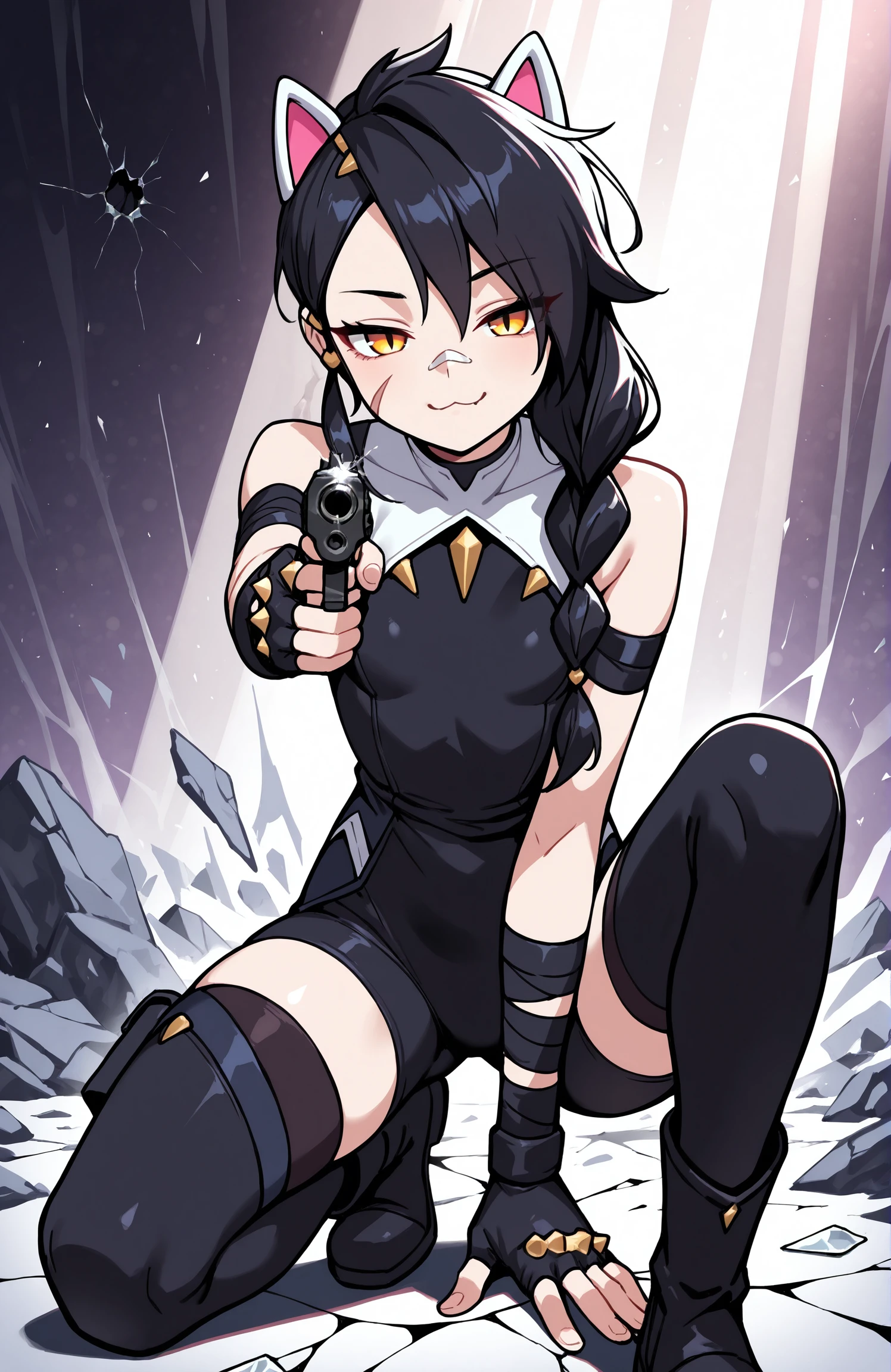 masterpiece, high quality, best quality, newest, 1girl, solo, erisafn, slit pupils, yellow eyes, scar on face, long hair, bandaid on nose, single braid, black hair, white animal ears, fingerless gloves, brass knuckles, black bandages, black bodysuit, shorts, bare shoulders, thighhighs, black boots, skinny, petite sliding, on one knee, :3, handgun, aiming at viewer, floating hair, smug, bullet hole, cracked screen, glass shards, light rays, abstract background, dynamic pose, crack <lora:ErisaFNIlluV1-000006:1>