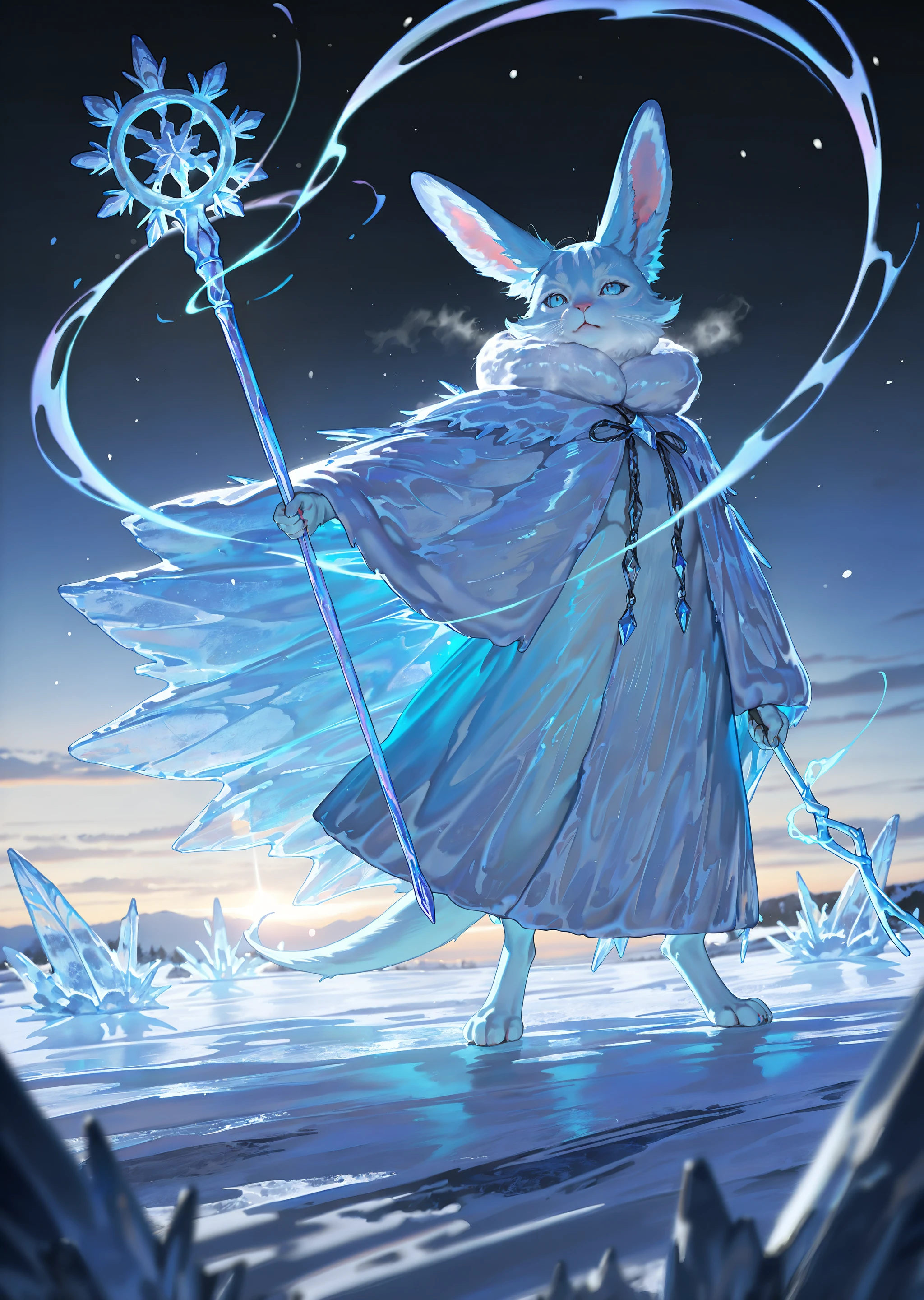 perfect quality, best quality, detailed, intricate, realistic, (ice magerabbit wearing fur cloak, ice staff, casting powerful ice magic:1.5), abstract winter ice background <lora:Frost [Illustrious]_epoch_4:0.5> frost_glass, scenery, outdoors