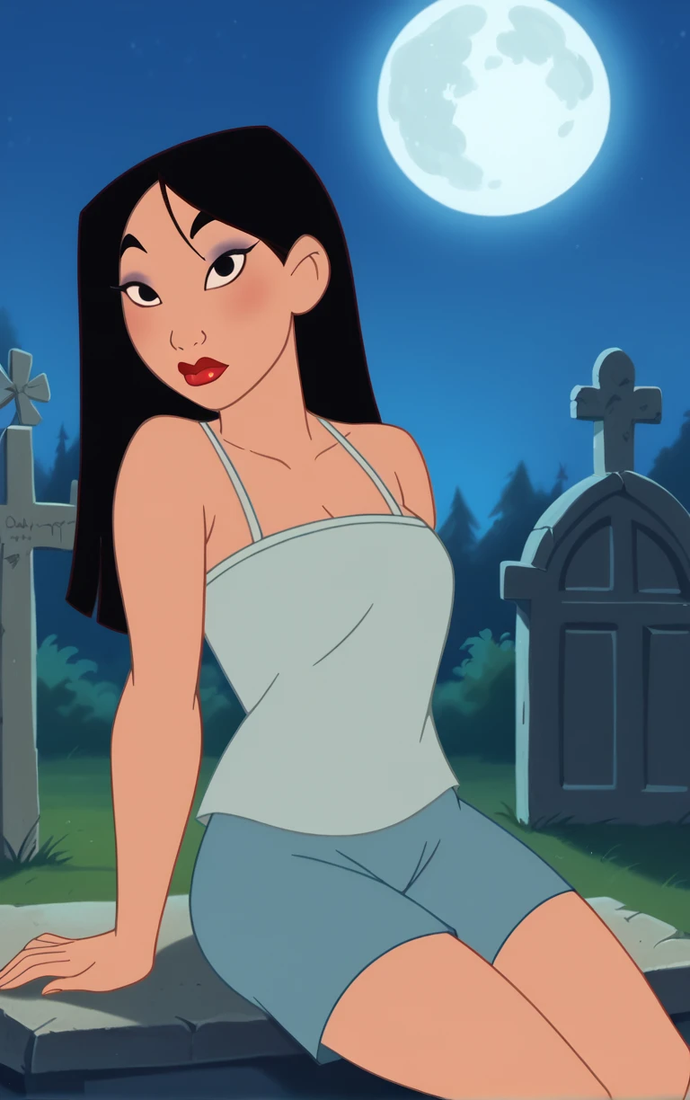 score_9, score_8_up, score_7_up, looking at viewer, BREAK
TankTop_Fa_Mulan_ownwaifu,
1girl, black hair, long hair, black eyes, lips, lipstick, wide-eyed, breasts, makeup, thick eyebrows,
camisole, blue shorts, shorts, bare shoulders, white camisole, sleeveless,
(sitting, full moon), graveyard, grave, tombstone, moonlight, <lora:PONYXL_Fa_Mulan_Movie_ownwaifu:0.8> , depth of field, solo,