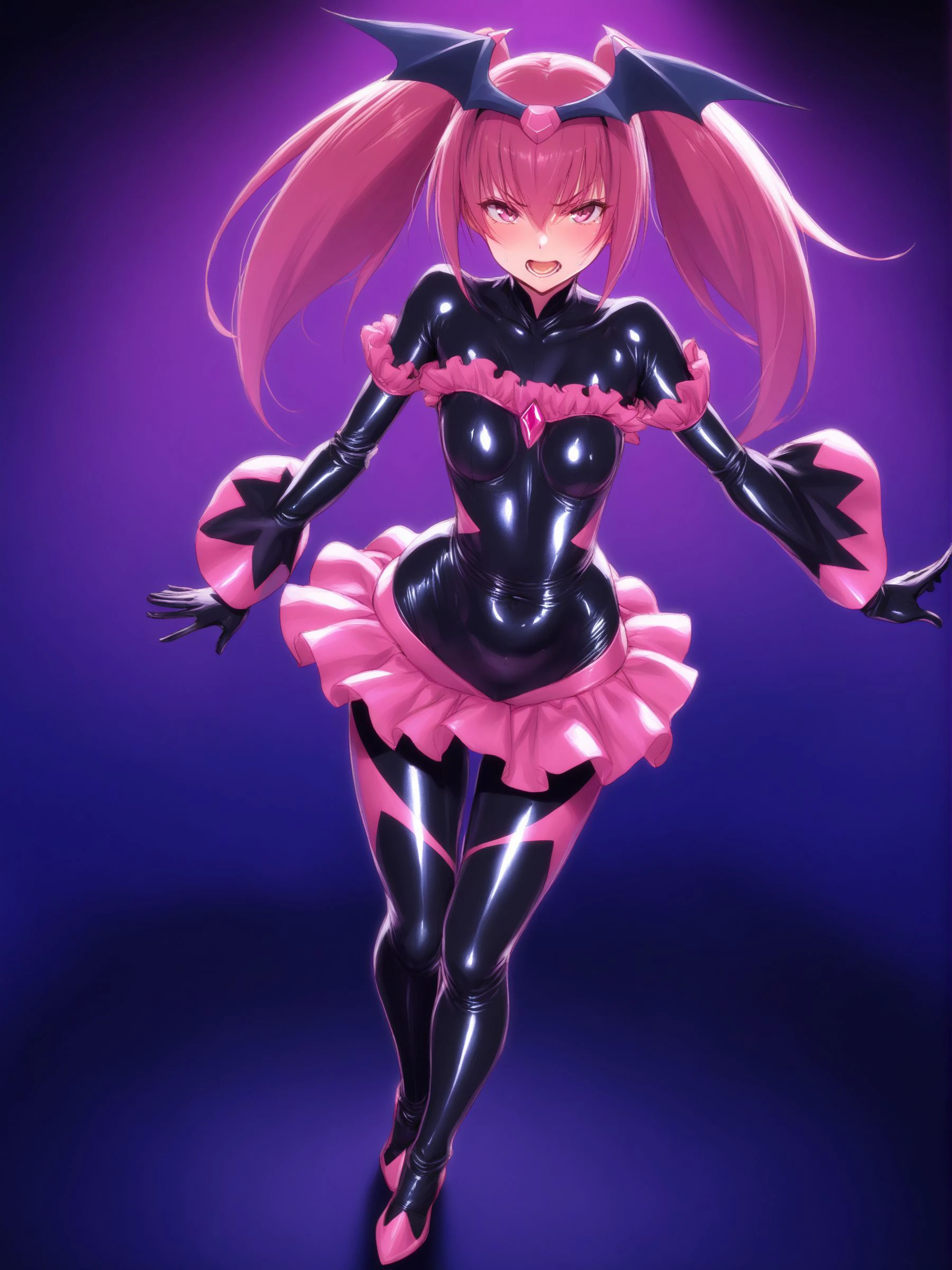 1 Girl, bad_end_Pretty Cure, bad_end_Happy,Pink Hair, Pink Eyes, Ruffled bodysuit, Are standing, Finding, jump, magic, Masterpiece Therapy_Happy, Red Gem、Wicked Smile, Dark world background, Red Moon, Cloudy sky, CG Style,deep shaded face,sadistic smile,Malice,contempt,laugh at,