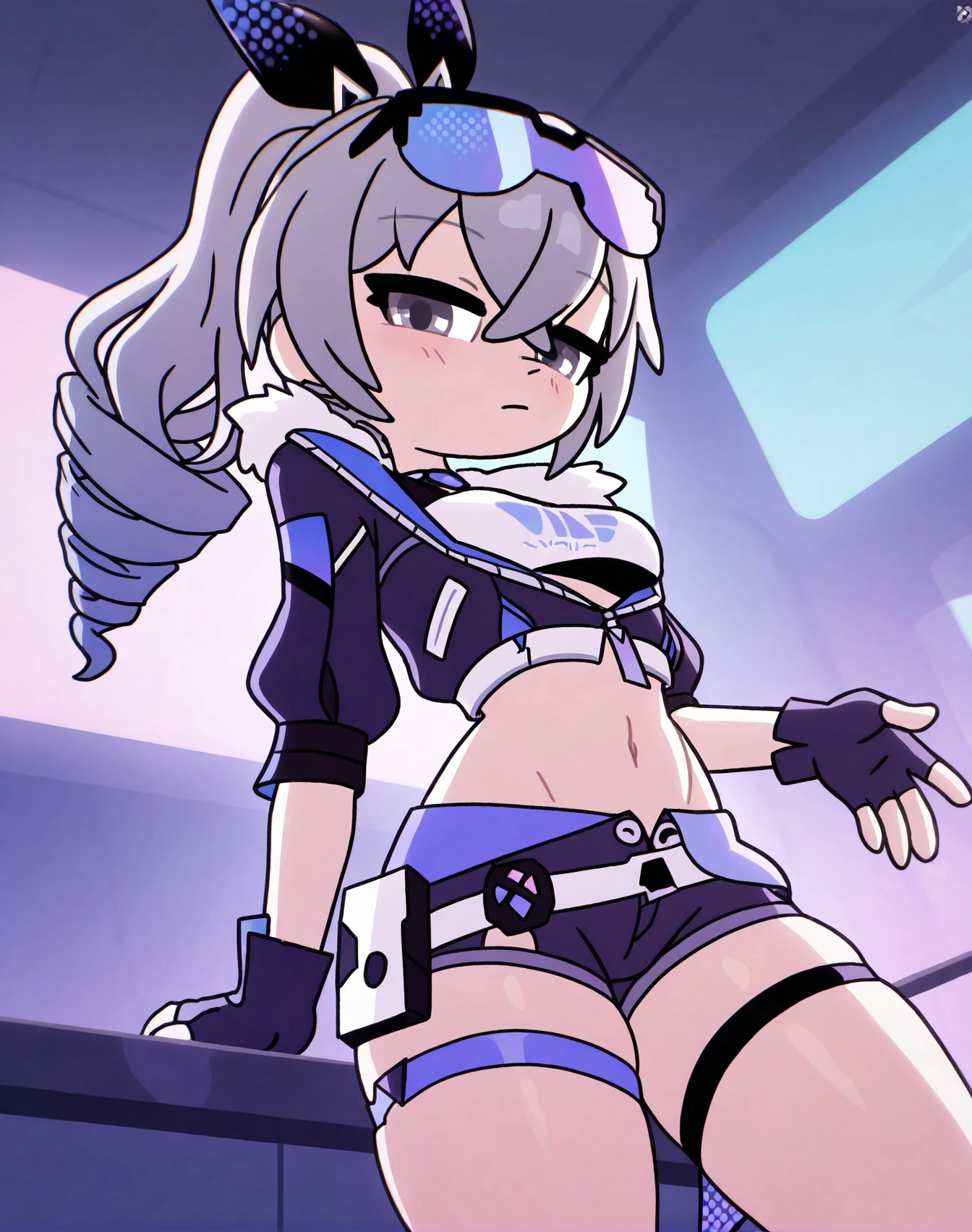 <lora:_chalkeaters_NAIXL-000015:1> art by chalkeaters, best quality, masterpiece, uncensored, amazing quality, very aesthetic, 2024,silver wolf (honkai: star rail), 1girl, solo, long hair, breasts, looking at viewer, shirt, long sleeves, gloves, navel, hair between eyes, closed mouth, medium breasts, underwear, jacket, white shirt, grey hair, ponytail, thighs, cowboy shot, shorts, black gloves, midriff, stomach, fingerless gloves, black jacket, crop top, grey eyes, short shorts, thigh strap, black shorts, thick thighs, sunglasses, goggles, eyewear on head, cropped jacket, goggles on head, tinted eyewear, purple jacket, purple shorts, purple-tinted eyewear