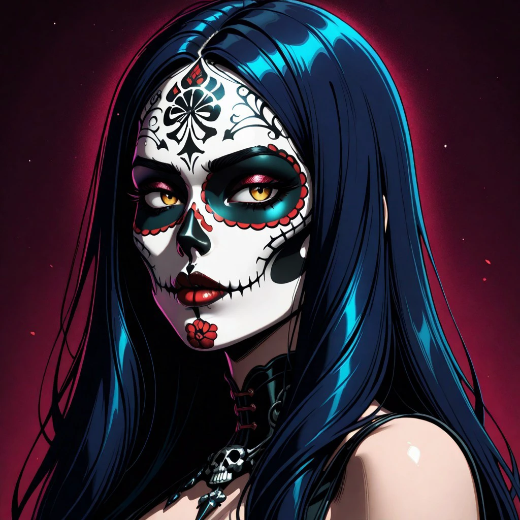 masterpiece, best quality, newest, absurdres, highres, anime, anime style, SugarSkullMakeup-IL-female, makeup, facepaint, SugarSkullMakeup-IL, Calavera, Calavera painting, Calavera Catrina
1girl,
