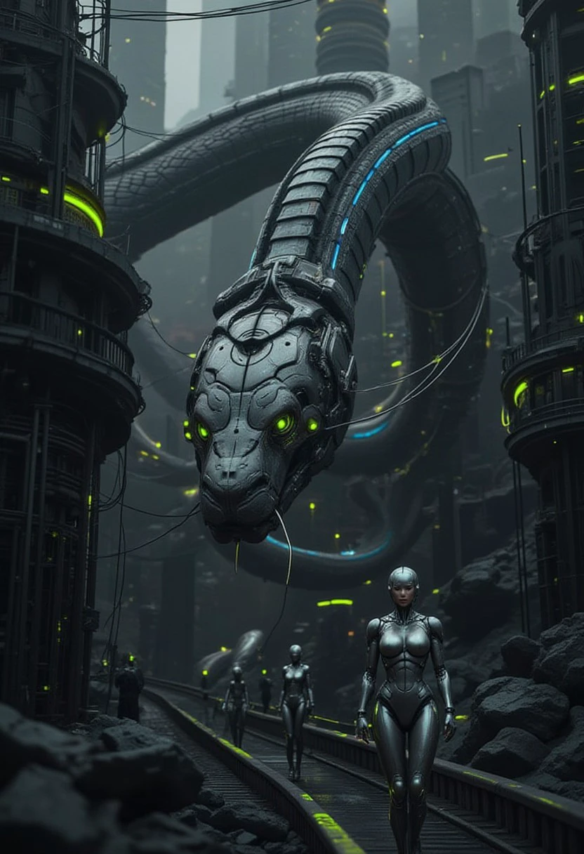 A towering mechanical AI python, its sleek, segmented metallic body glowing with blue and green energy lines, slithering beside a stunning female android. The massive robotic snake coils slightly as it moves, its glowing eyes scanning the path ahead. The female robot, with a lifelike face and a polished silver body adorned with glowing green accents, strides confidently in front of the snake. The background features a dystopian wasteland filled with crumbling metallic structures and glowing machinery, bathed in atmospheric lighting. The cinematic framing emphasizes the scale of the snake and the graceful movements of the android, creating a striking balance of power and elegance.
FuturEvoLab_Green