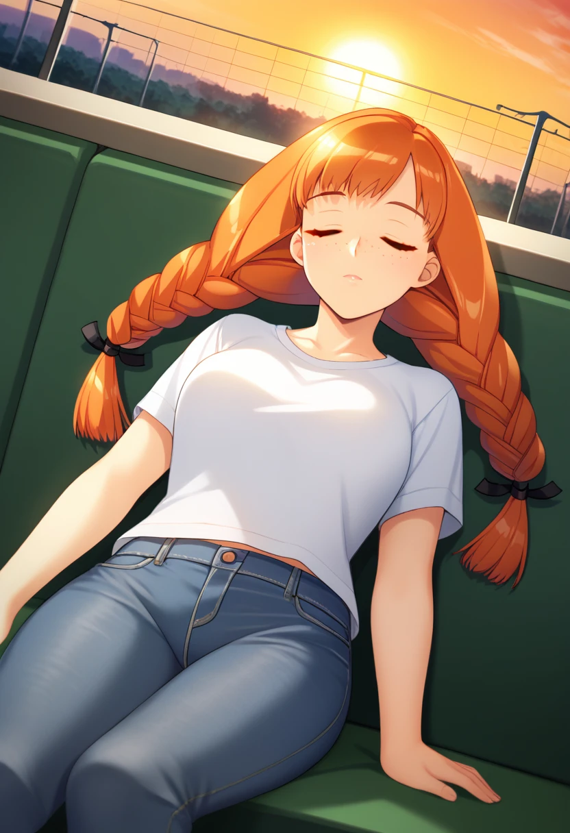 score_9, score_8_up, score_7_up, BREAK dutch angle,nishiku,closed eyes,orange hair,long hair,twin braids,black ribbon, hair ribbon,freckles, white t-shirt,jeans,sleeping in the train,blue headphones,sunset,<lora:Kurrumidouble:1>