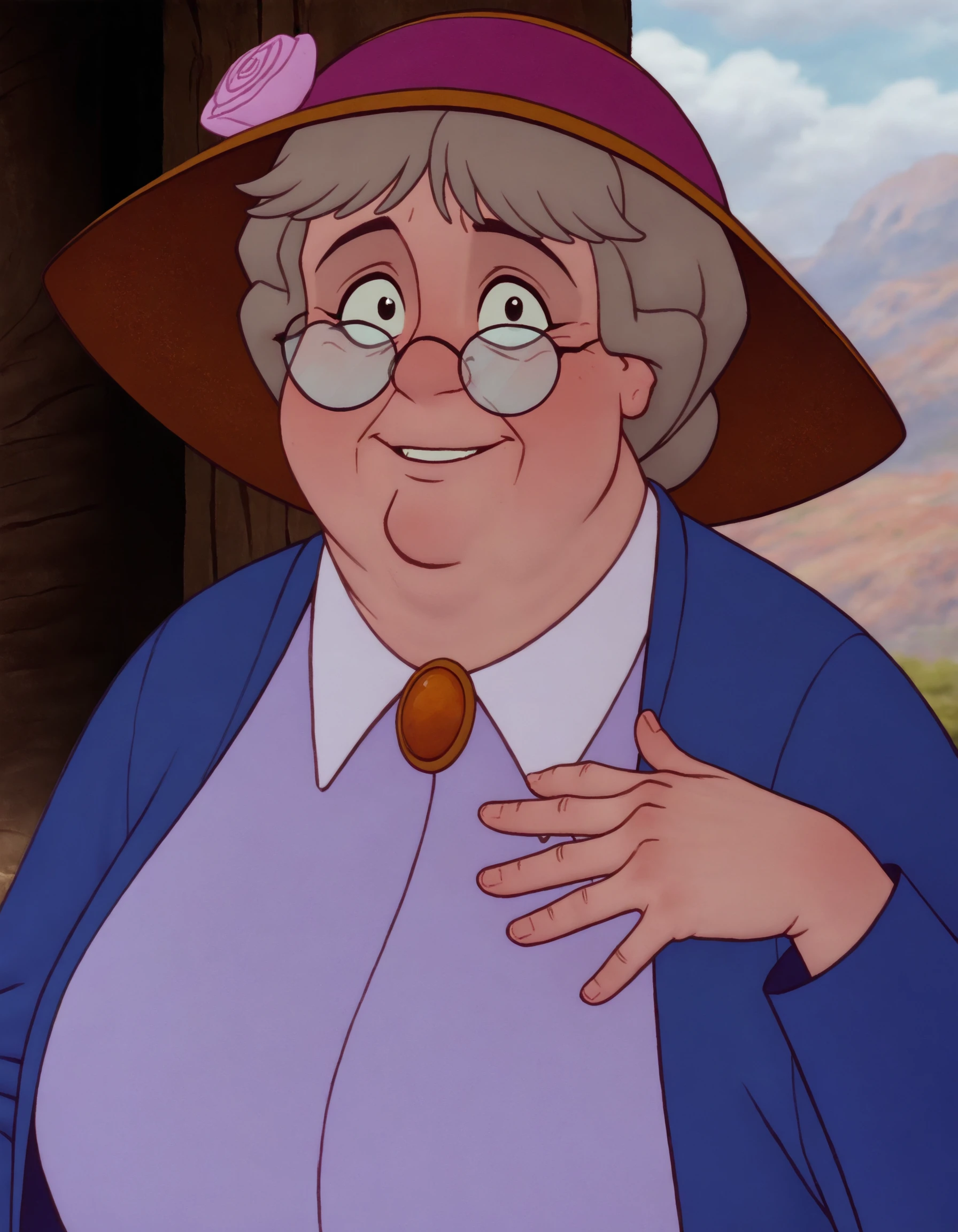 highly detailed,absurdres,best quality,masterpiece,very aesthetic,overweight,elderly woman,coat,shirt,apron,gray updo hair,round glasses,pink hat with a flower,<lora:Widow Tweed_(Illustrious):0.8>,(front view),pose,
