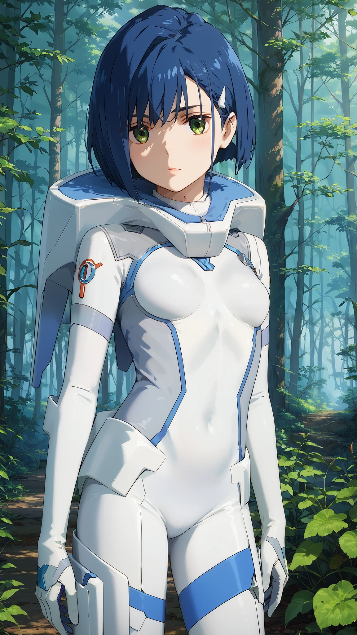 score_9, score_8_up, score_7_up, source_anime, masterpiece, best quality, perfect anatomy, very aesthetic, absurdres, 1girl, solo,
ichigo_franxx, blue hair, short hair, hairpin, green eyes,
bodysuit, white bodysuit,
outdoors, forest, looking at viewer, cowboy shot,
