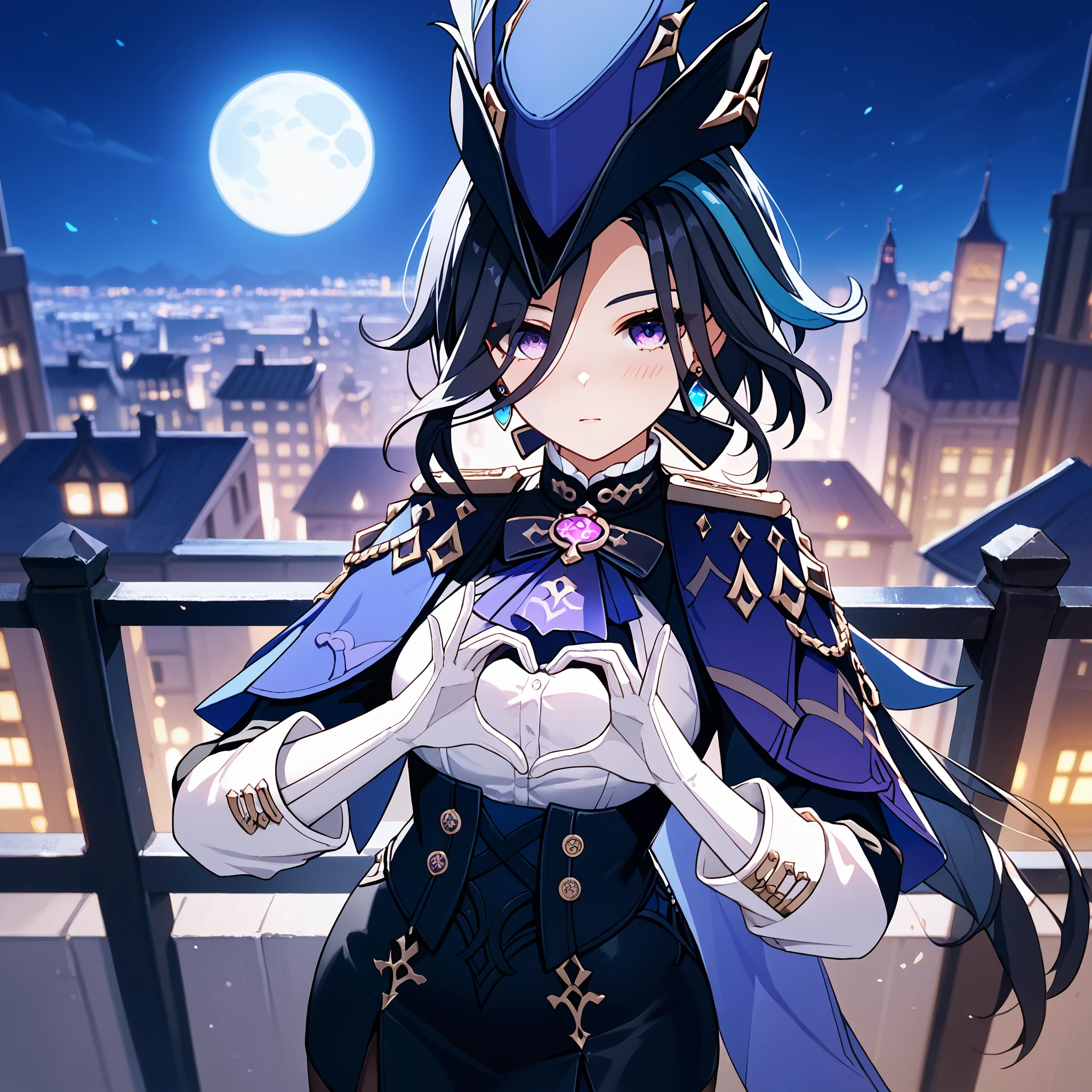 score_9, score_8_up, score_7_up, score_6_up, BREAK source_anime, look at viewer, 1girl, solo, city, full moon, night, heart hands, blush, depth of field, masterpiece, best quality, high detailed skin, clorinde \(genshin impact\), purple eyes, low ponytail, long hair, black hair, earrings, blue cape, tricorne, hat feather, epaulettes, bow, white shirt, black corset, long sleeves, white gloves, black skirt, black pantyhose,