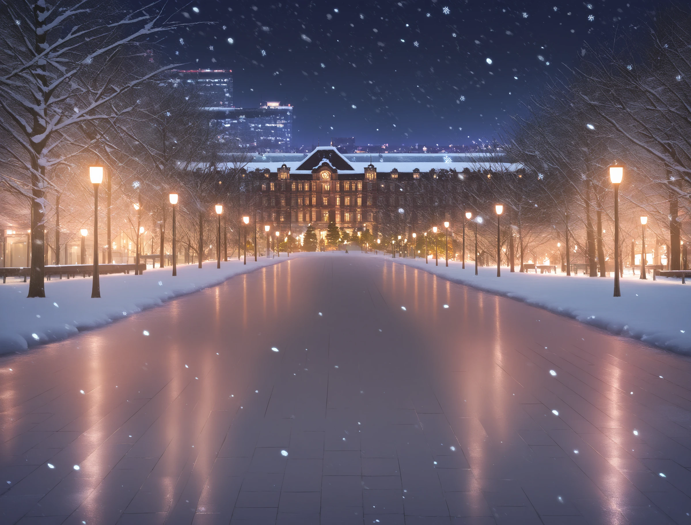 <lora:Gyokodori-IllustriousXLV01-V1:1>
(masterpiece, very aesthetic, absurdres, very awa:1.2), best quality, highres, newest, perfect lighting, anime coloring, anime screenshot BREAK
no humans BREAK
(gyokodori, tokyoeki:1.2), road, pavement, lamppost, tree, (building, architecture, brick:0.8), night, night sky, illumination tree, winter, (snow, snowing, snowflakes:1.2)