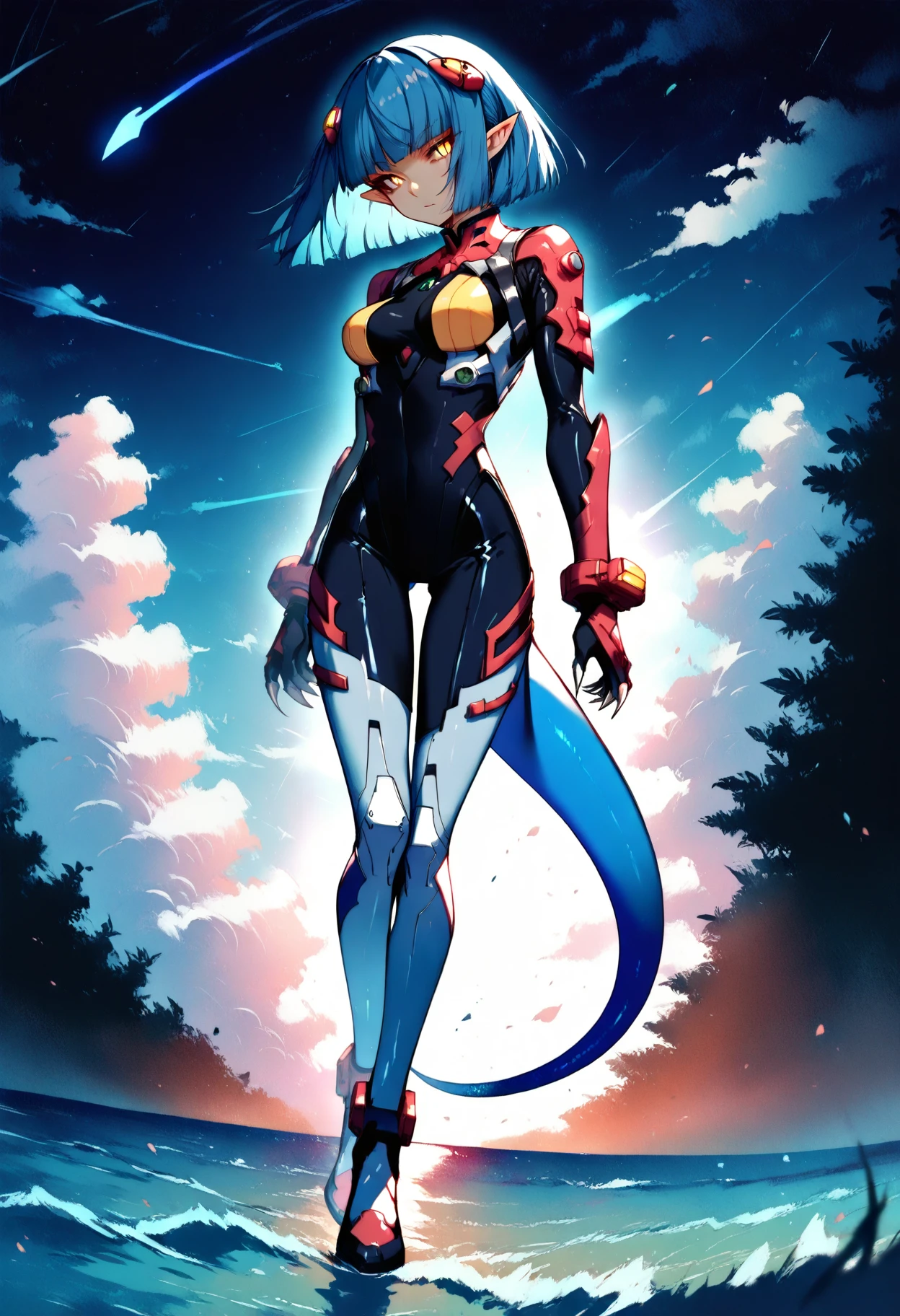 Anime girl with blue hair and a blue tail standing in the water - SeaArt AI