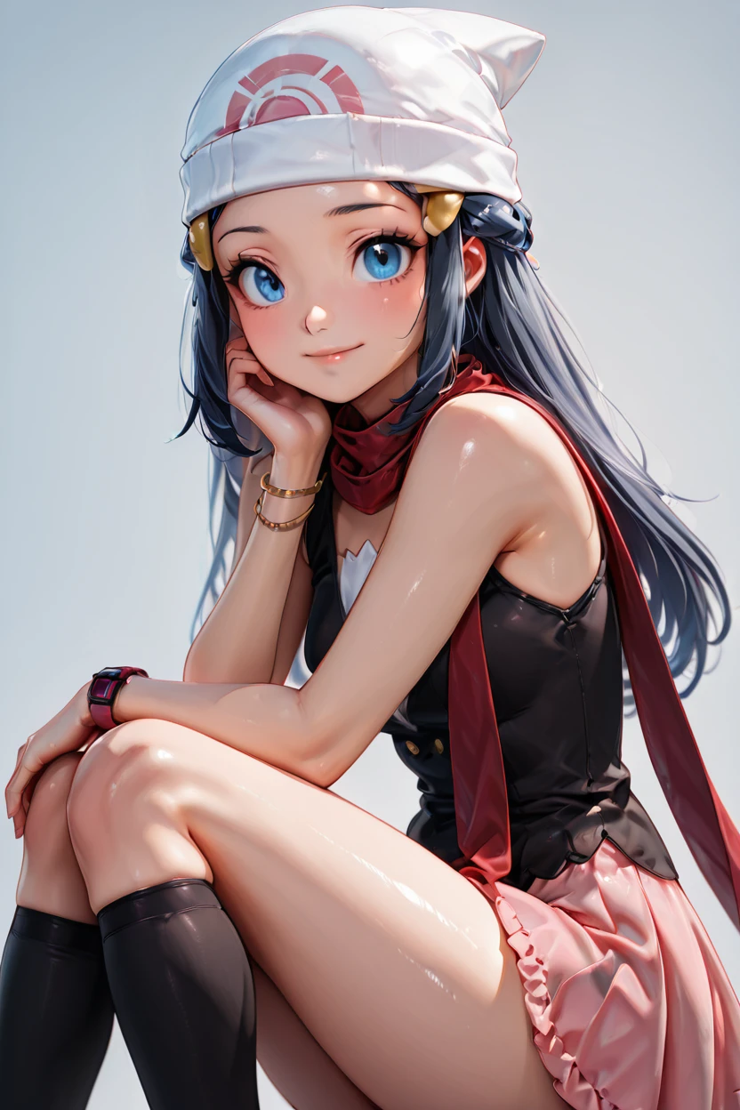 masterpiece, best quality, 1girl, solo, beautiful eyes, zzDawn, blue hair, blue eyes, sidelocks, long hair, bare shoulders, beanie, black shirt, black socks, bracelet, hat, jewelry, kneehighs, miniskirt, pink skirt, red scarf, scarf, shirt, skirt, sleeveless, sleeveless shirt, white headwear, <lora:DawnPokemonIXL_e07:1.0> ,<lora:BeautifulCAT_IXL_v2:1.0>, upper body, side view, smile, looking at viewer, shiny skin,