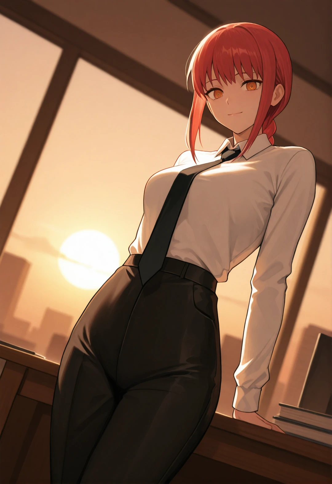 masterpiece, best quality, amazing quality, newest, absurdres, highres, solo,
makima, unique outfit, ringed eyes, looking at viewer, cute, soft smile, low angle, leaning on desk, standing, cinematic, dutch angle, leaning back,
office, warm lighting, sunset,
<lora:Makima_IL:0.8>