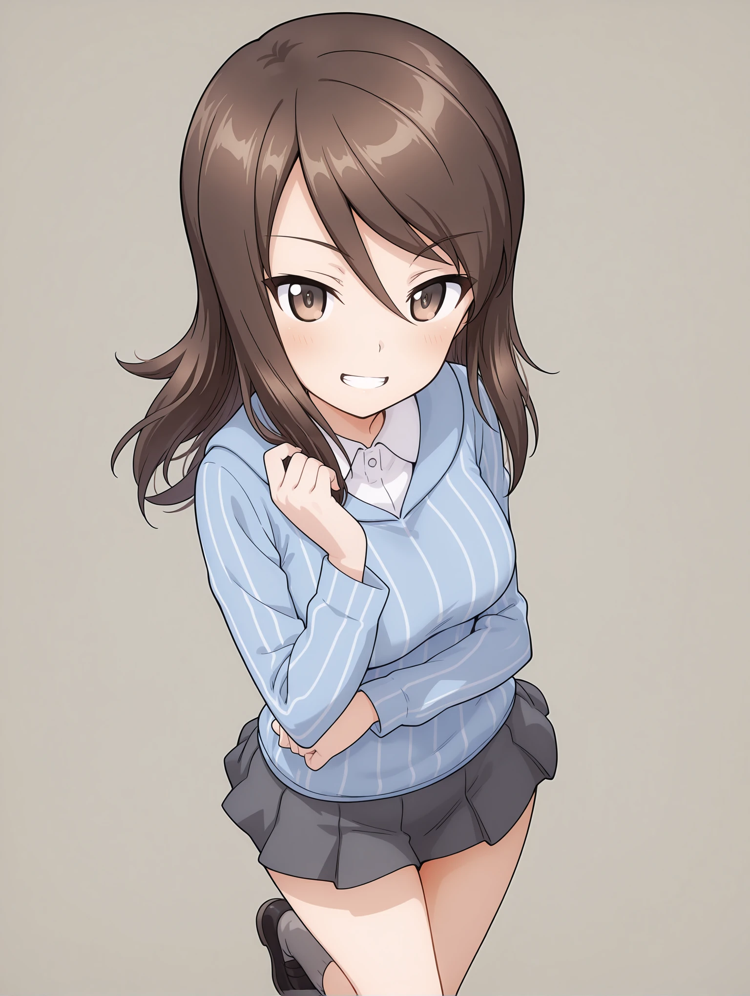 masterpiece,best quality,amazing quality,
1girl,solo,
<lora:mika_ilxl_v1>,mika,m_seifuku,keizoku school uniform,long_sleeves,wing collar,vertical-striped shirt,grey skirt,grey socks,black footwear,
<lora:Fixhands_anime_bdsqlsz_V1:1>,looking_at_viewer,white_background,simple_background,dynamic_angle,cinematic_angle,cowboy_shot,grin,hand_in_hair,, masterpiece,best quality, very aesthetic, absurdres, ultra detailed, high resolution, 4k, extremely detailed CG,