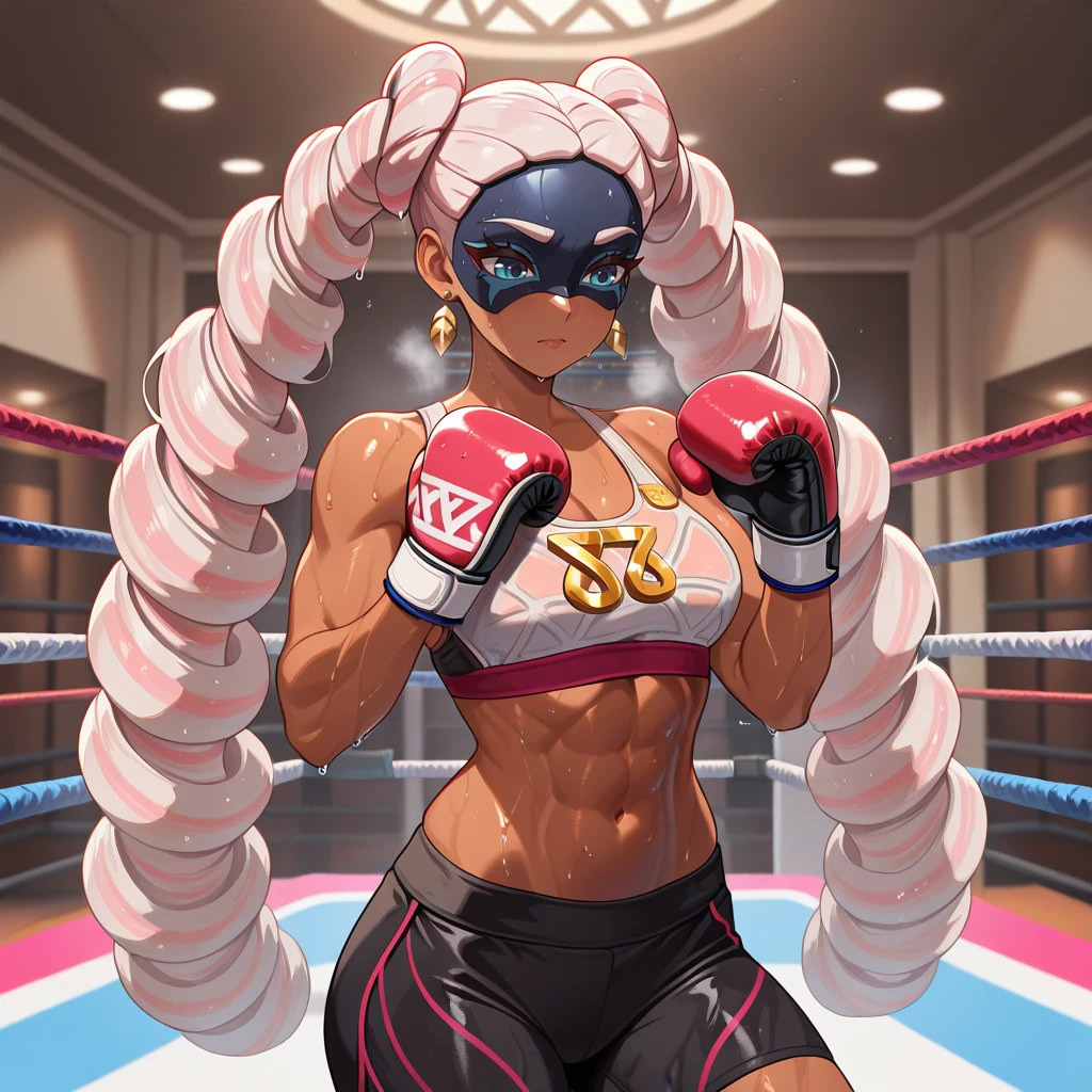 1girl, solo, indoors, boxing ring, <lora:Twintelle-IL:0.8> twintelle_arms, dark-skinned female, white pink hair, drill hair, twintails, jewelry, earrings,sports bra, sports shorts, boxing gloves, mask, toned, sweat, wet skin, wet hair, visible breath, masterpiece, best quality, good quality, newest