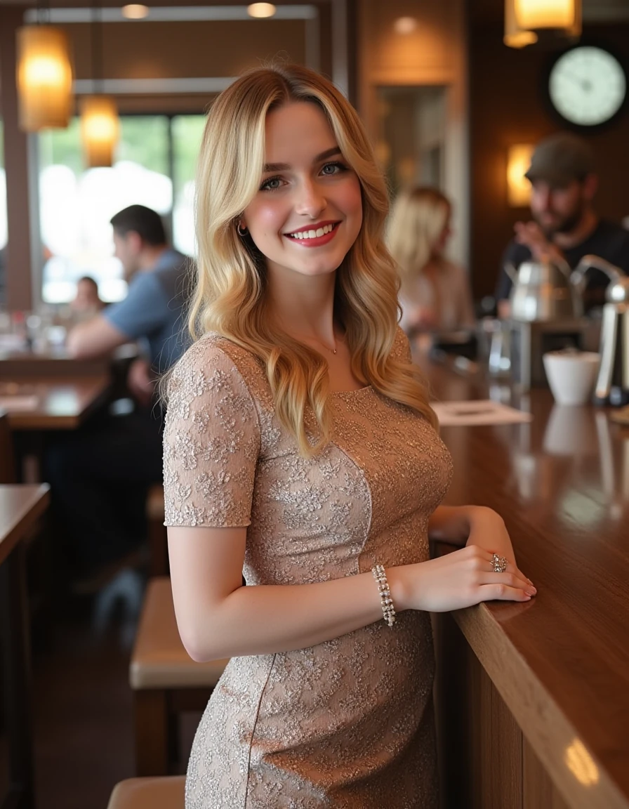 <lora:Mckenna_Grace_Flux:1> beautiful detailed photograph, blonde hair cascading over her shoulders, wearing a boat neck dress, standing in cafe looking at the viewer, smile