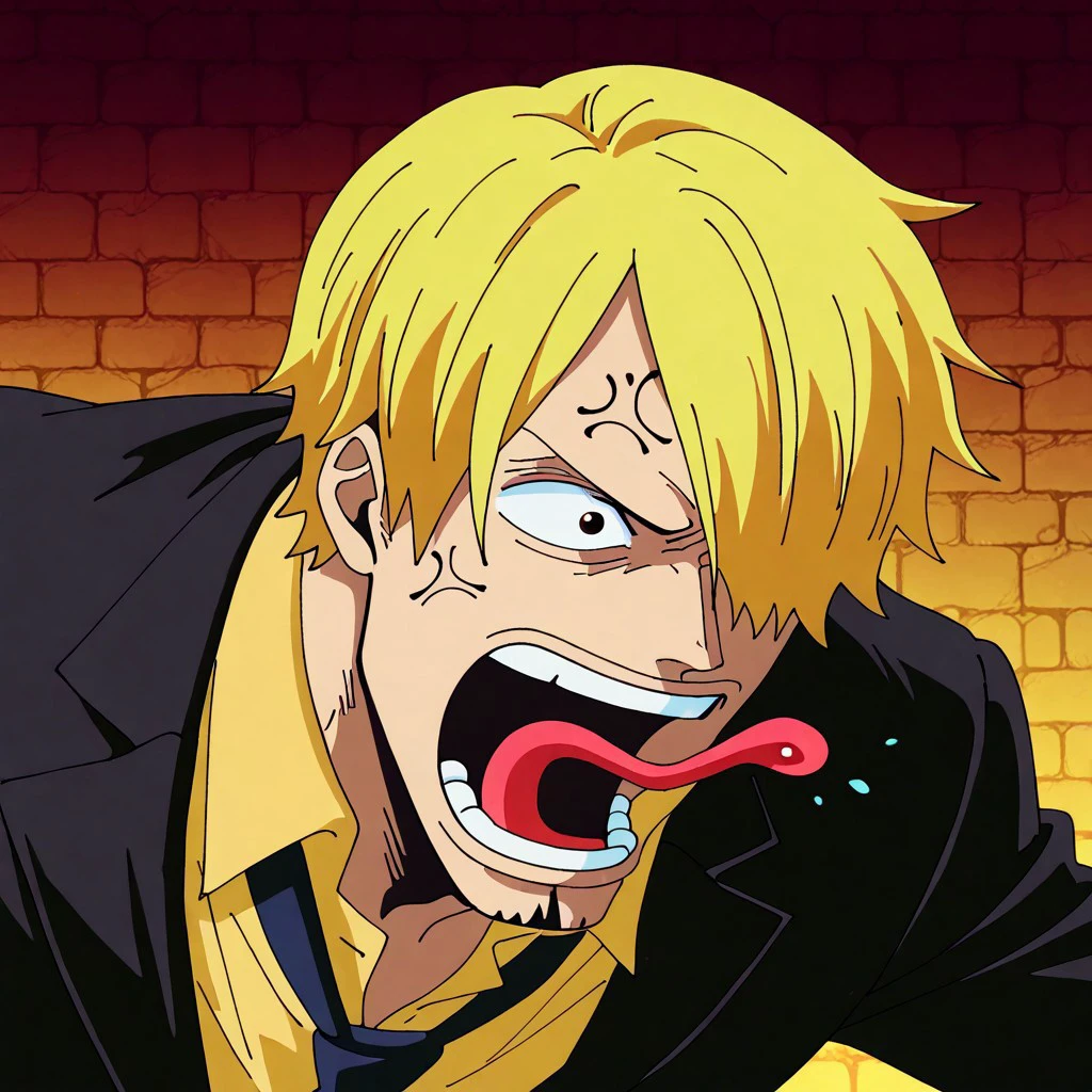 masterpiece, best quality, newest, absurdres, highres, anime, anime style, REEEEEEEEEEEEE-V1.1, angry, scream, tongue, tongue out, open mouth, anger vein, 1boy, Sanji/(one piece/), blonde, blonde hair, yellow nectike, suit, formal clothes