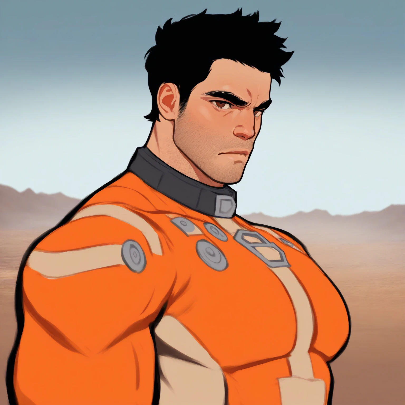 masterpiece, best quality, newest, absurdres, highres, (dizdoodz:.7),
male, solo, bara, p_danse, black hair, short hair, brown eyes, stubble, facial hair, , orange , upper body, looking at viewer, stern, wasteland background, pecs, close up, side view